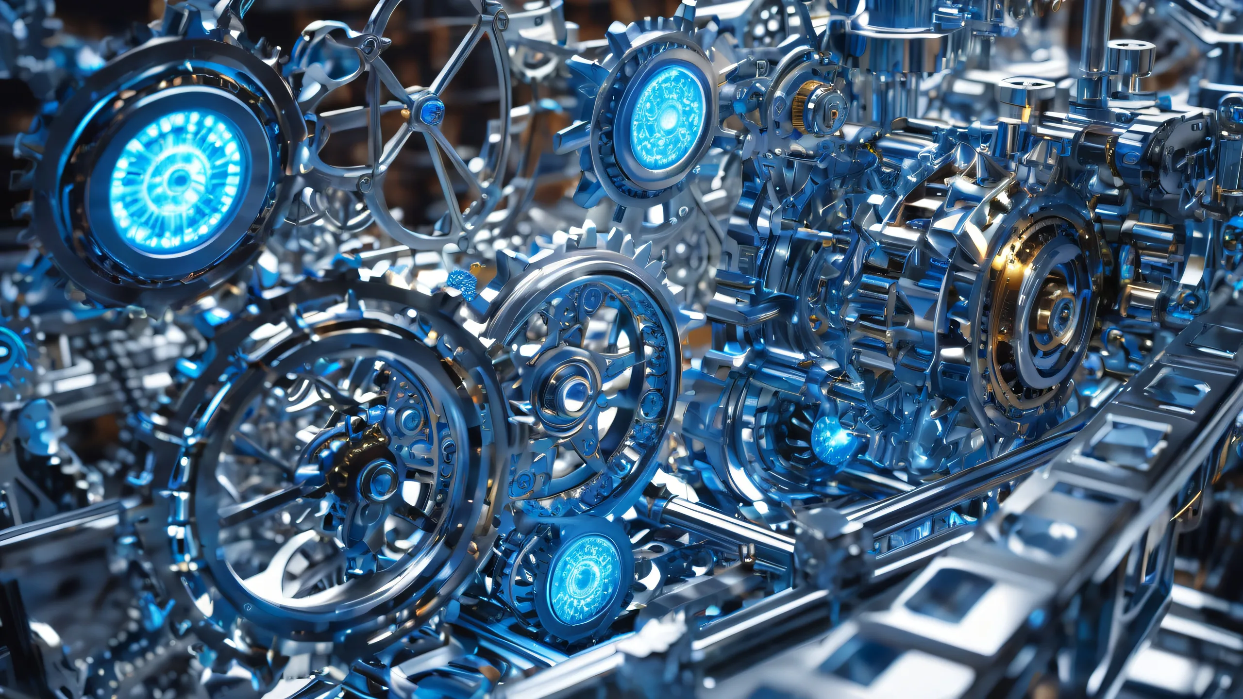 Gears Frozen in Flux 4K UHD Widescreen Complex mechanical network suspended in mid-air on a darkened laboratory desktop/pc background.