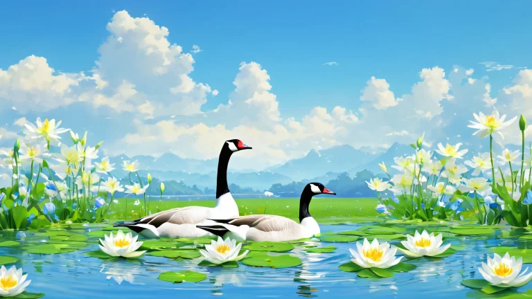 A serene digital painting of geese surrounded by lush greenery and blooming flowers