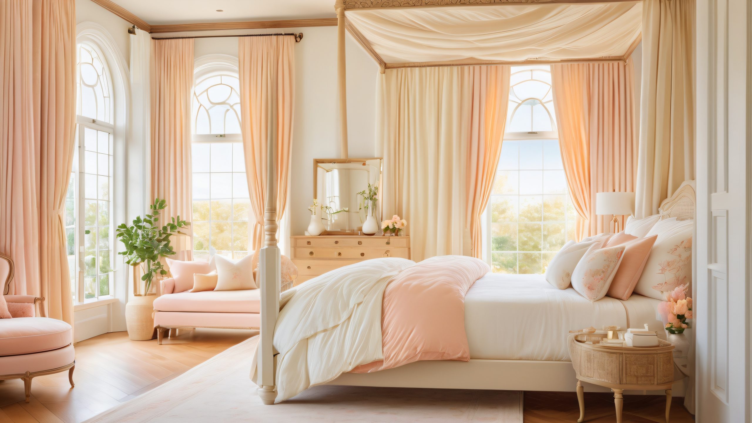 4K Gentle Morning Sanctuary Desktop Background Cozy bedroom scene for desktop or PC featuring a plush four-poster bed, soft canopy, and warm natural light.