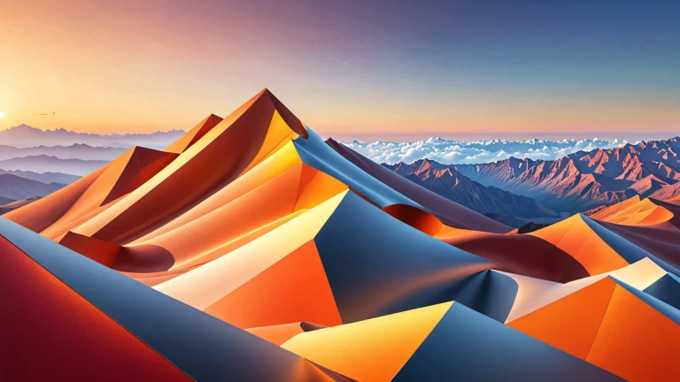 A stunning digital landscape of geometric shapes on a desktop or PC background, featuring dramatic shadows and vibrant colors.