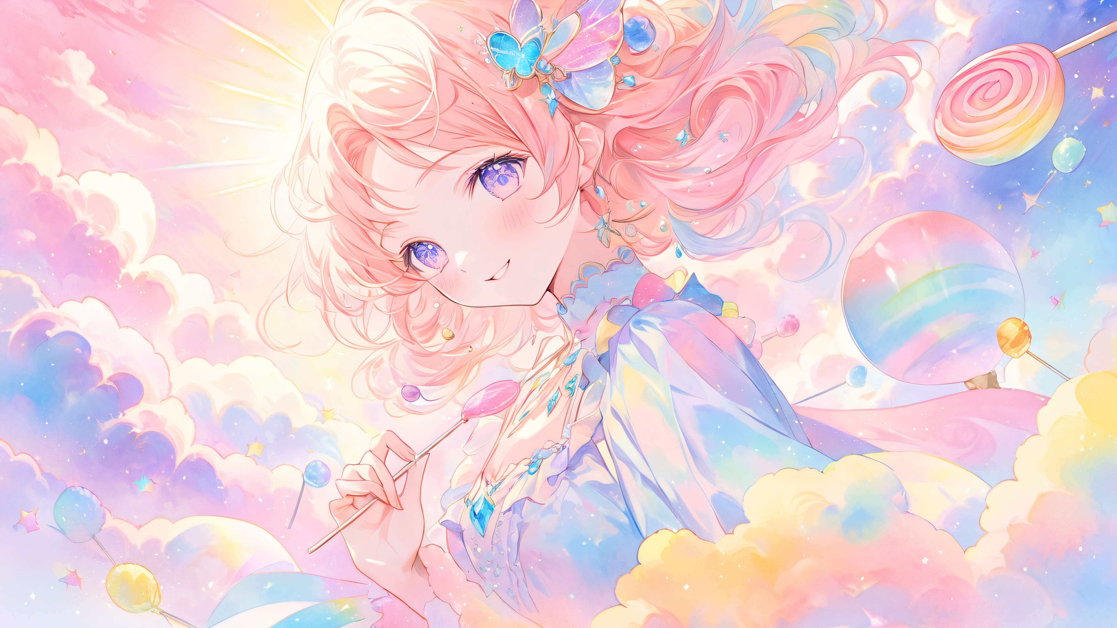 A whimsical hand-drawn illustration of a giant lollipop surrounded by colorful clouds and sugary sparks, with a warm sunny yellow and pink background.