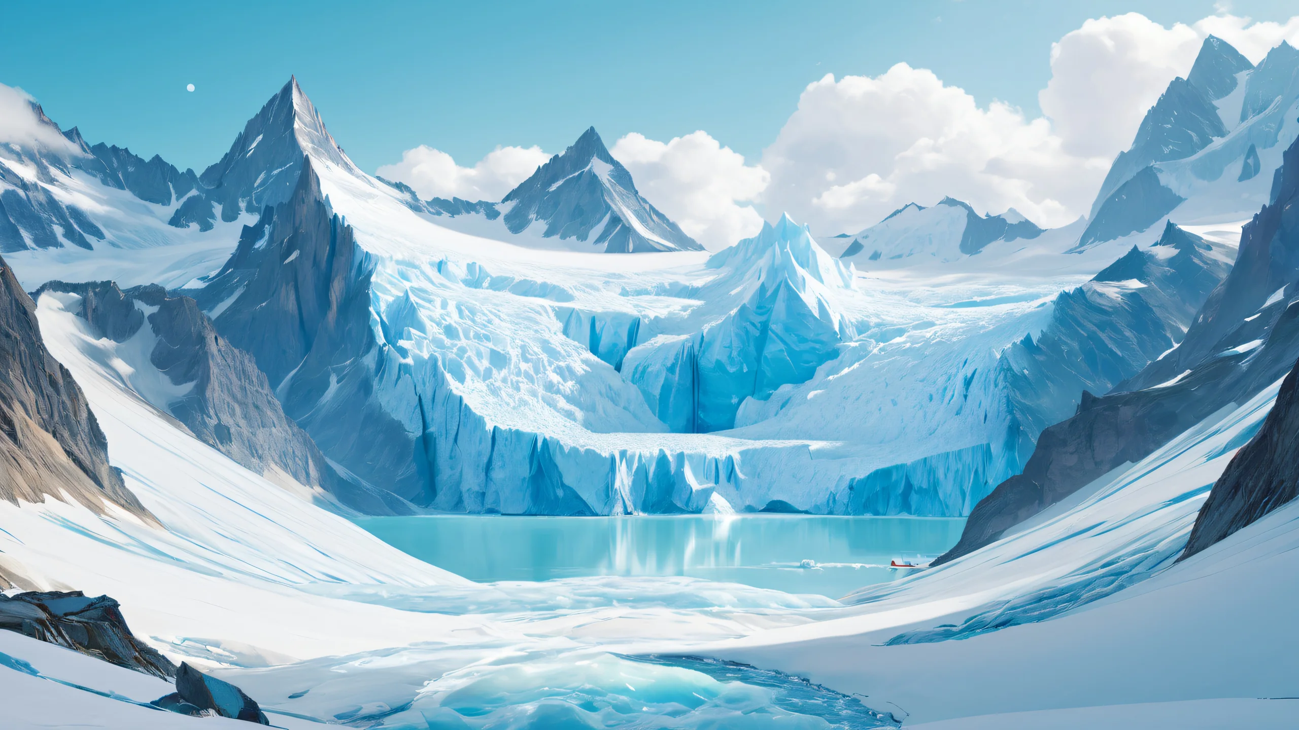 A serene and enchanting 4K desktop wallpaper featuring a majestic glacier landscape with intricate details and soothing colors.