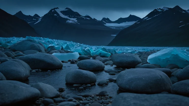 A serene 4K desktop wallpaper featuring a majestic glacier with granite boulders and rain-kissed prairie, showcasing extreme depth of field, creamy bokeh, and dramatic lighting.