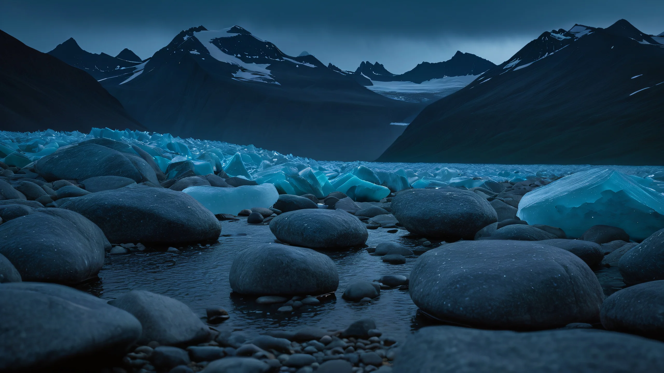 A serene 4K desktop wallpaper featuring a majestic glacier with granite boulders and rain-kissed prairie, showcasing extreme depth of field, creamy bokeh, and dramatic lighting.