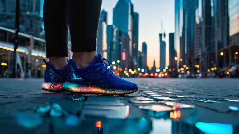 A futuristic cityscape with glass shards and sneakers suspended in mid-air, featuring neon lights and extreme depth of field.