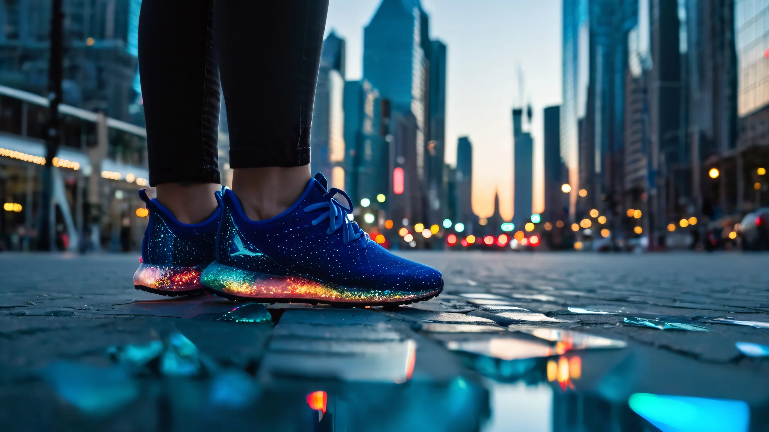 A futuristic cityscape with glass shards and sneakers suspended in mid-air, featuring neon lights and extreme depth of field.