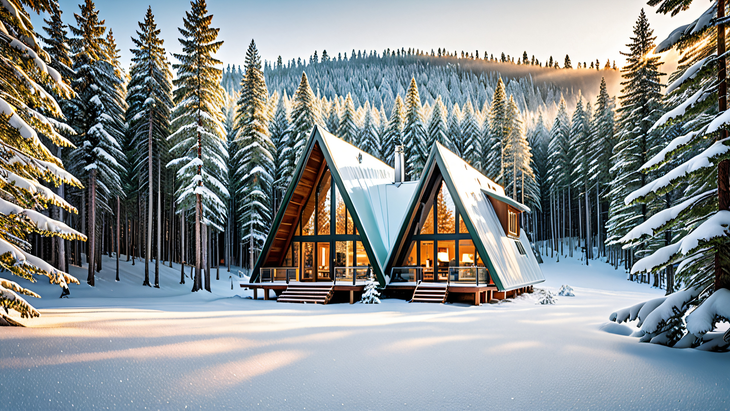 Aesthetic Glasswood Serenity Background Minimalist A-frame cabin in snow-covered forest glade on desktop/pc.