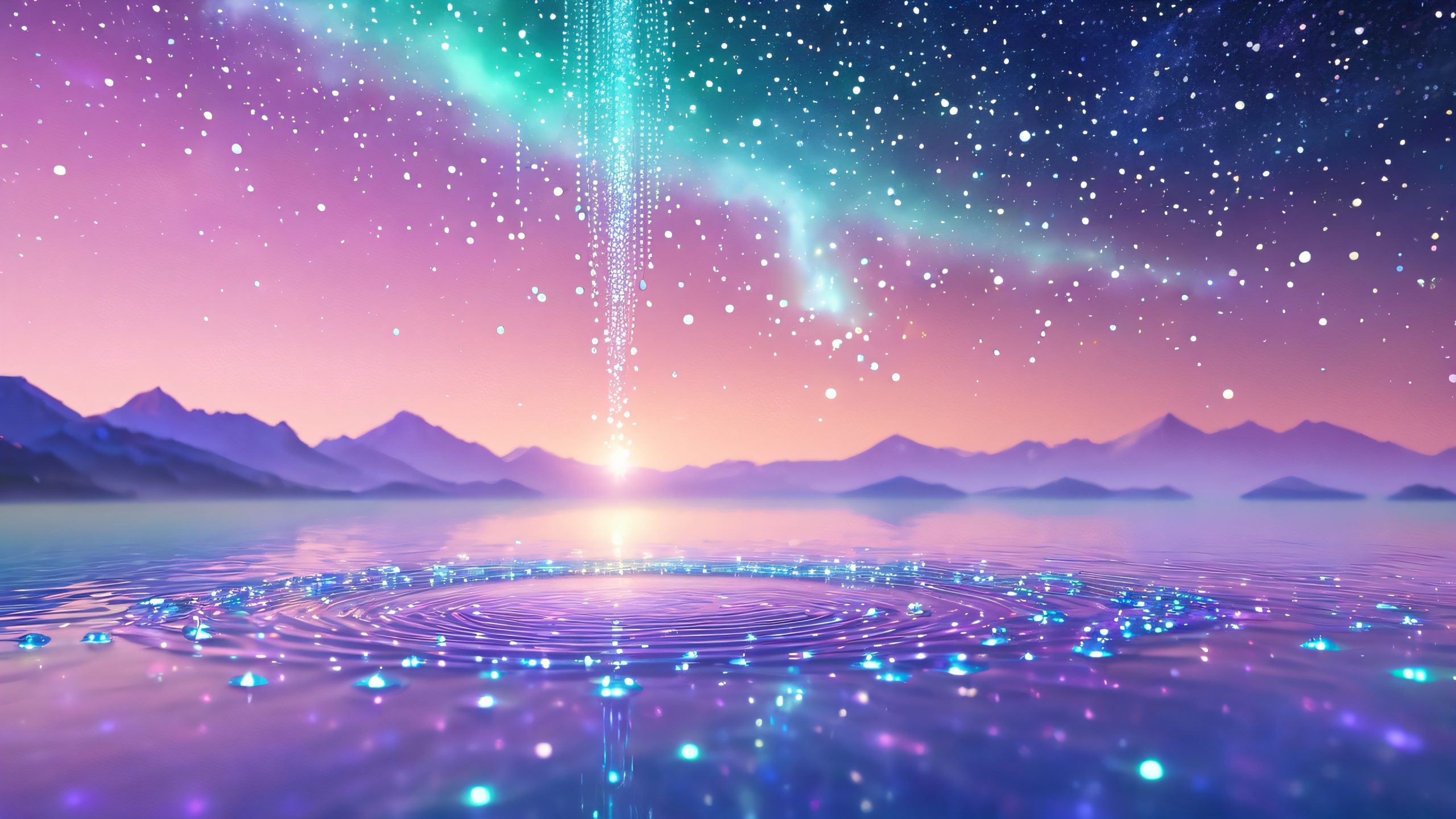 A mesmerizing cluster of glowing magical galaxy water droplets suspended within a delicate framework of iridescent beaded filaments, perfect for your Desktop/PC.