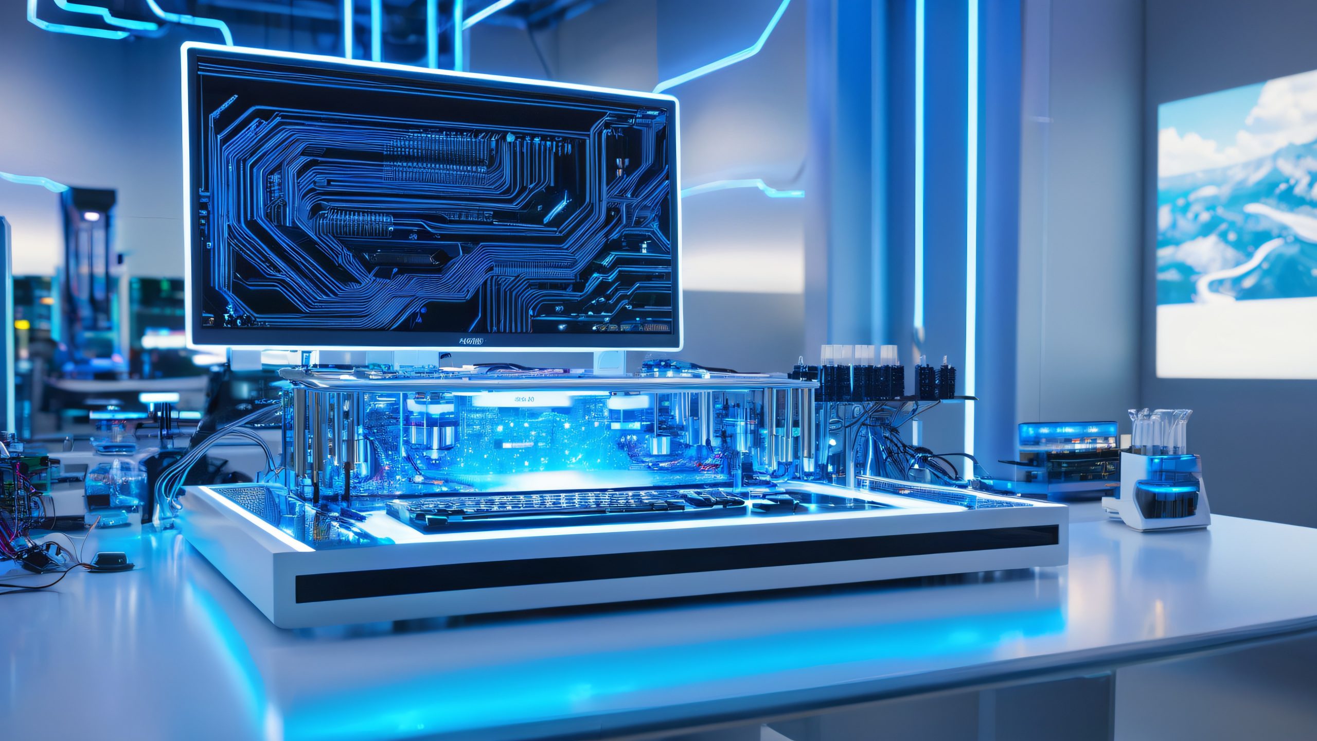 A futuristic laboratory desktop with glowing blue circuit boards, holographic displays, and digital particles, suitable for a PC or Desktop.