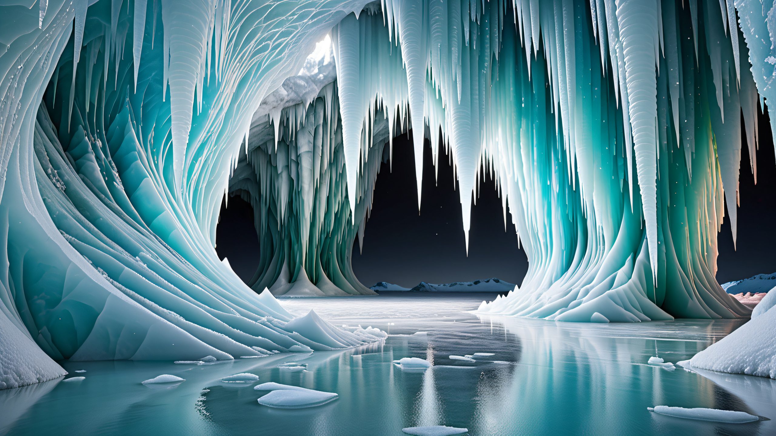 Beautifully rendered crystalline structures suspended in transparent ice on a desktop/pc