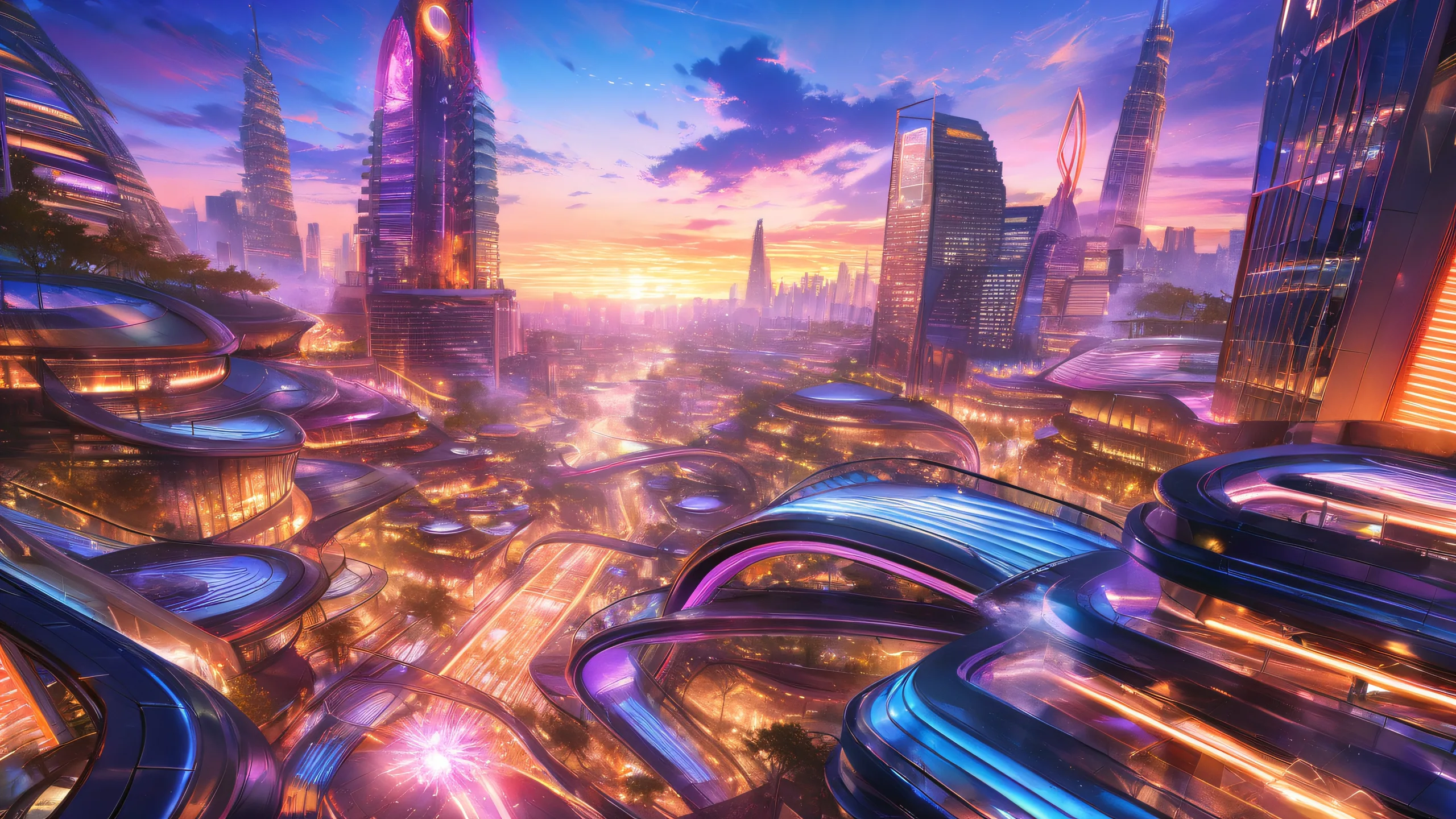 A futuristic cityscape at dusk with a glowing escalator and neon-lit passengers on desktop/pc
