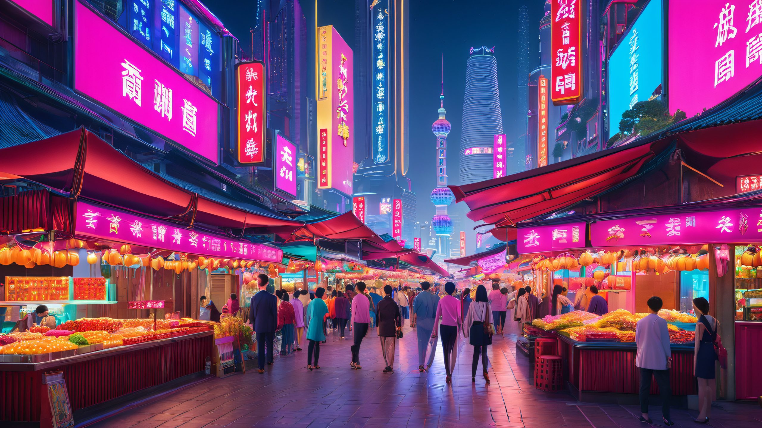 Desktop/PC wallpaper of a bustling night market scene in Guangzhou, China, with neon lights and modern architecture