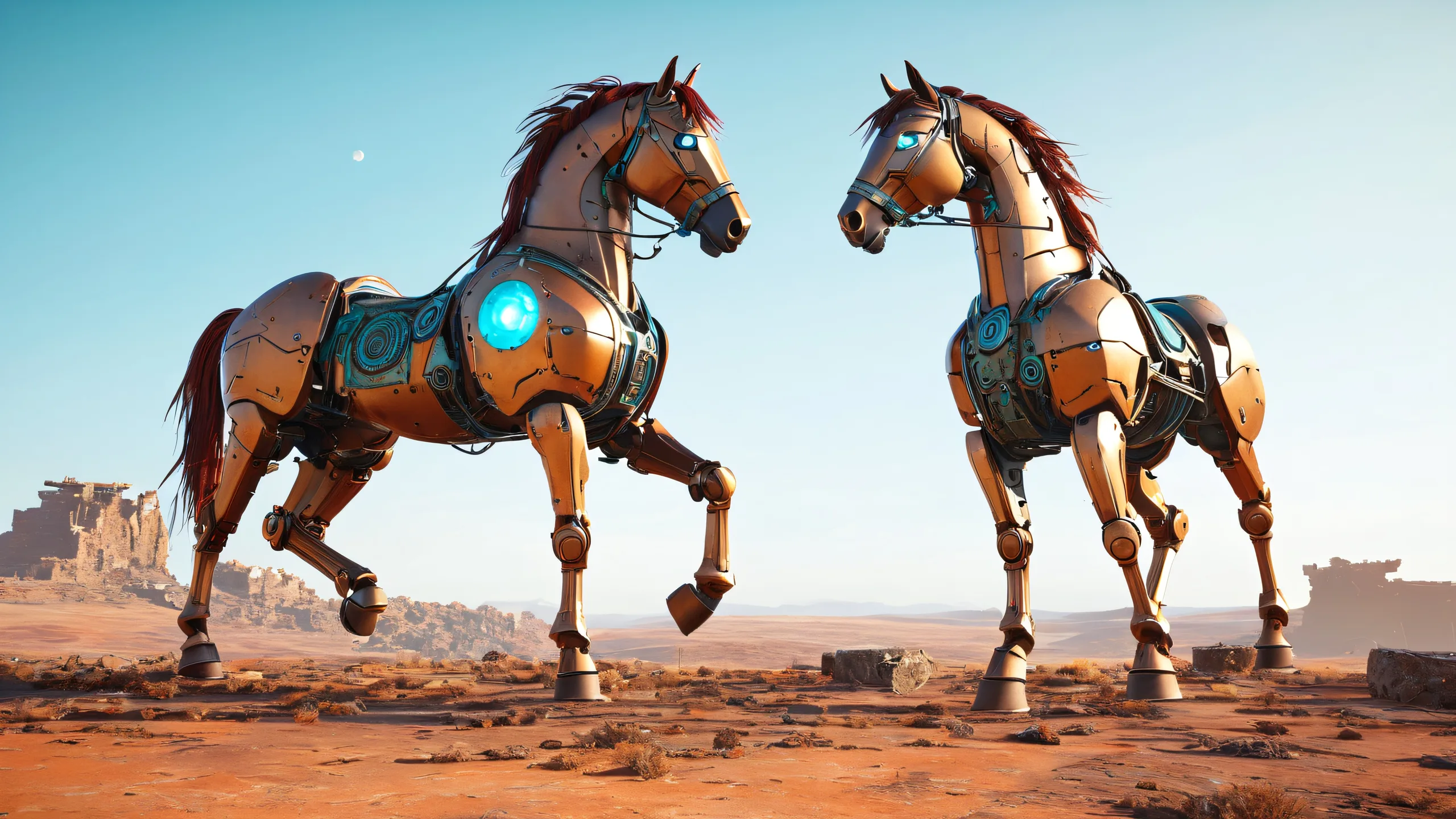 Glowing Horse in Ruins Aesthetic PC Wallpaperデスクトップ/PCに最適 A majestic robotic horse with mechanical details stands against a desolate post-apocalyptic wasteland, dotted with ruins of ancient civilizations. Suitable for desktop/PC.