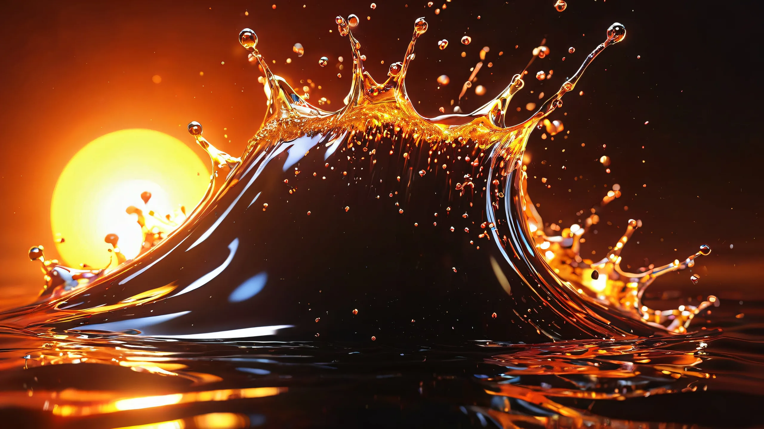 Desktop/PC wallpaper featuring a stunning scene of glowing liquid splashes against a dark pure black vertical background, perfect for those who appreciate vibrant and ethereal lighting.