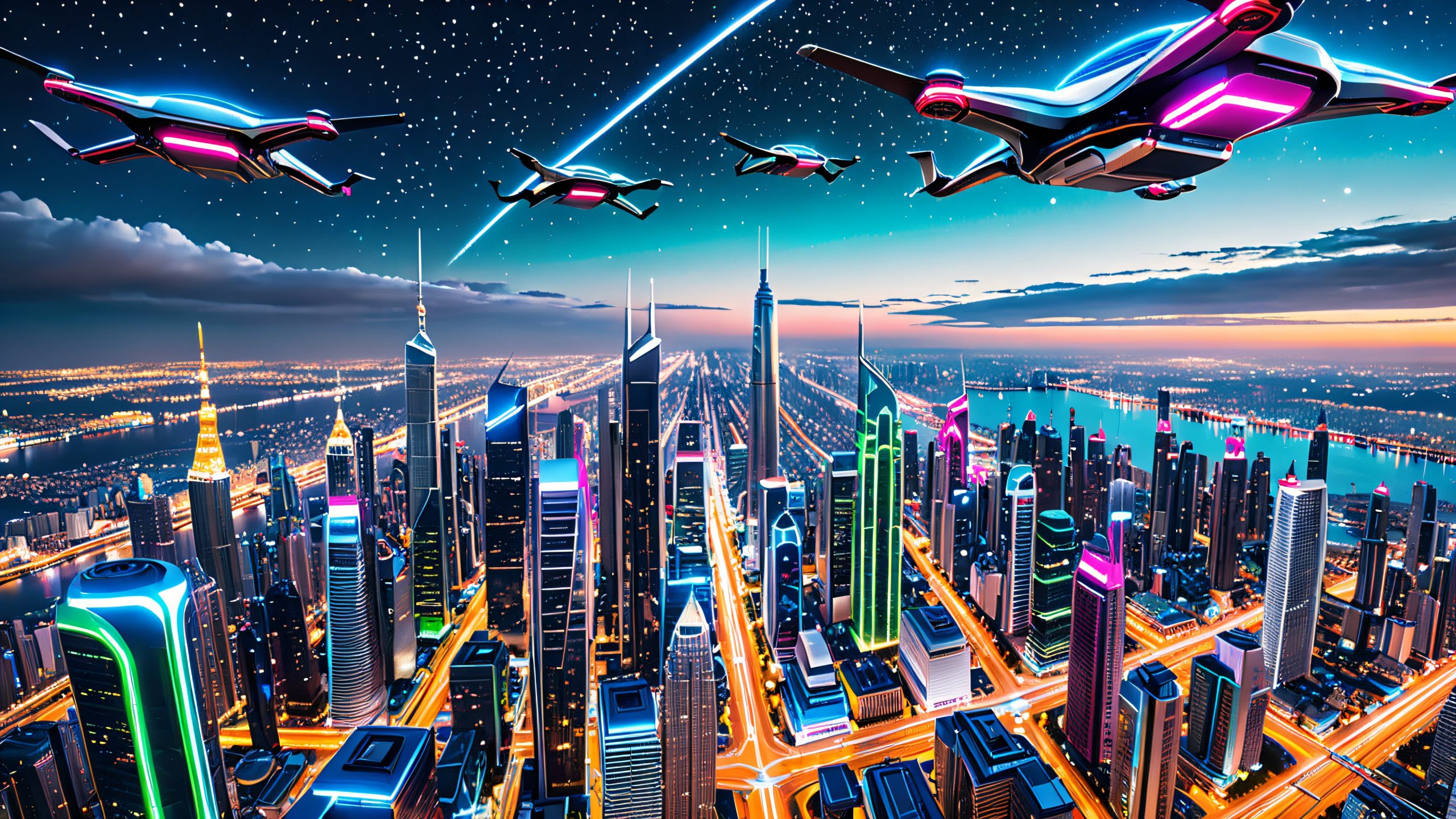 Futuristic cityscape with interconnected buildings and neon-lit streets for desktop or PC