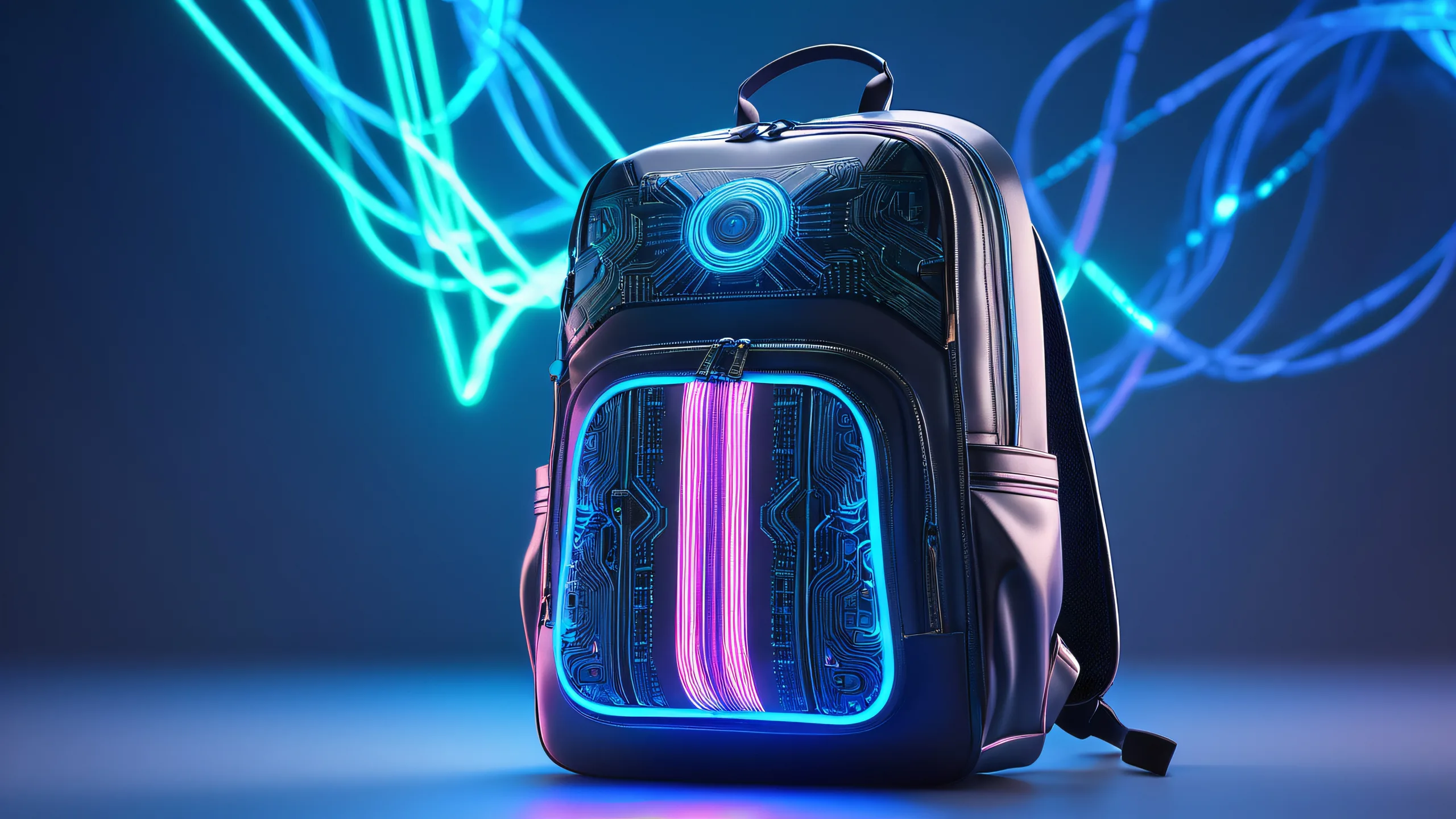 A futuristic backpack suspended in a swirling vortex of neon wires on a dark industrial background for desktop/pc use.
