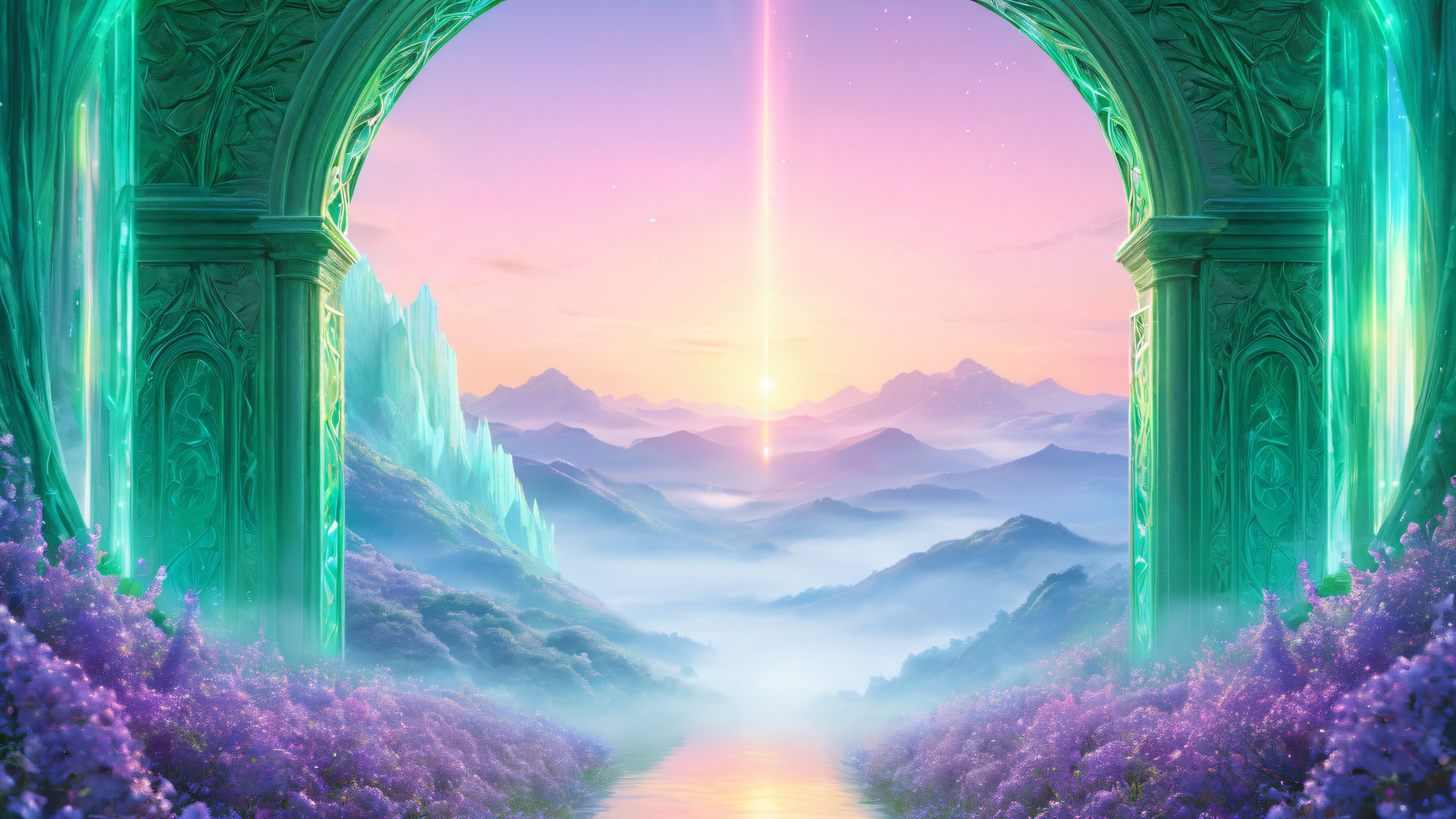 A majestic portal cradles a lush ecosystem on a desktop/PC screen.