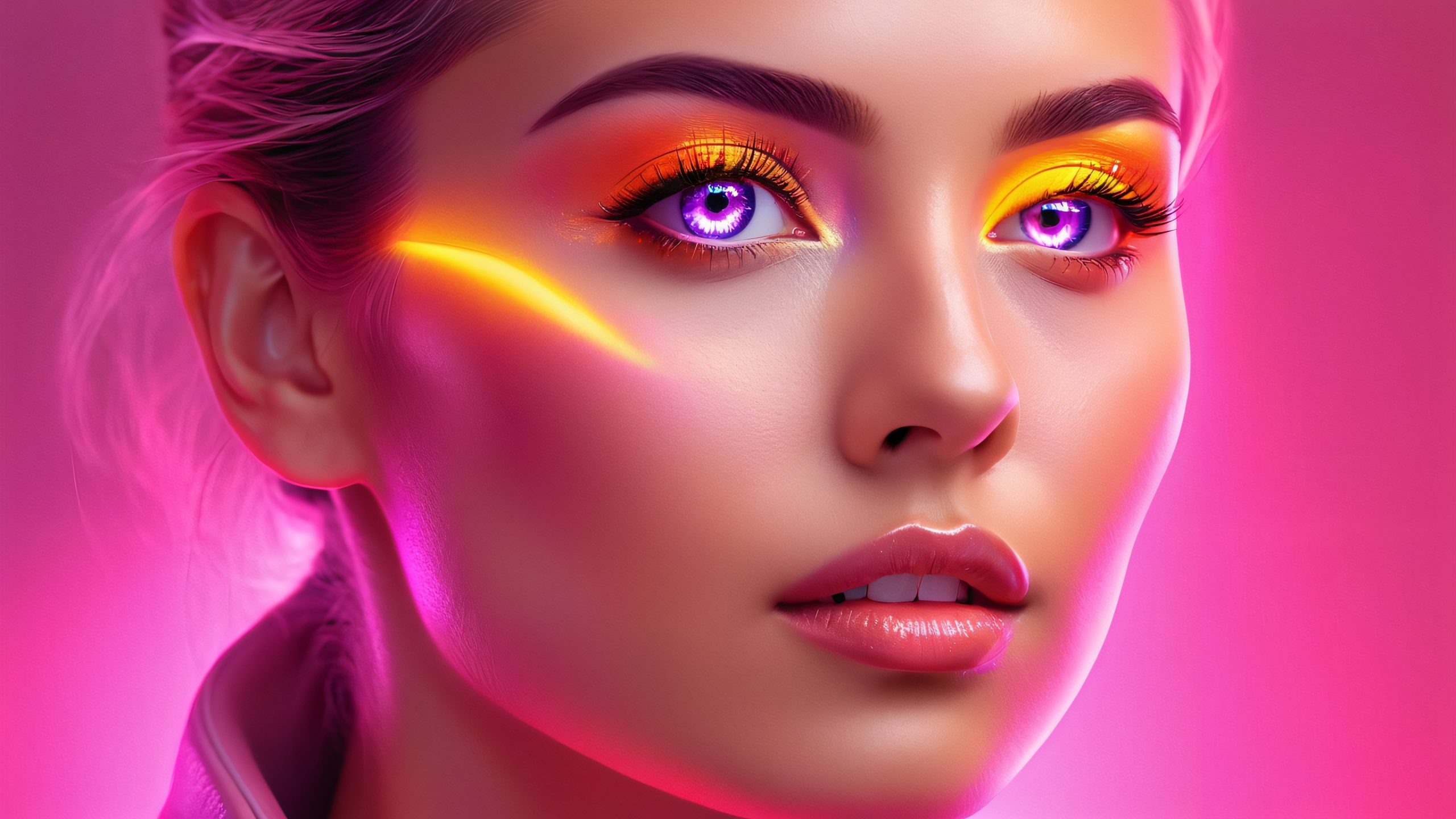 Aesthetic Glowing Portrait Persona Background Hyper-realistic portrait with intense neon reflection and minimalist background