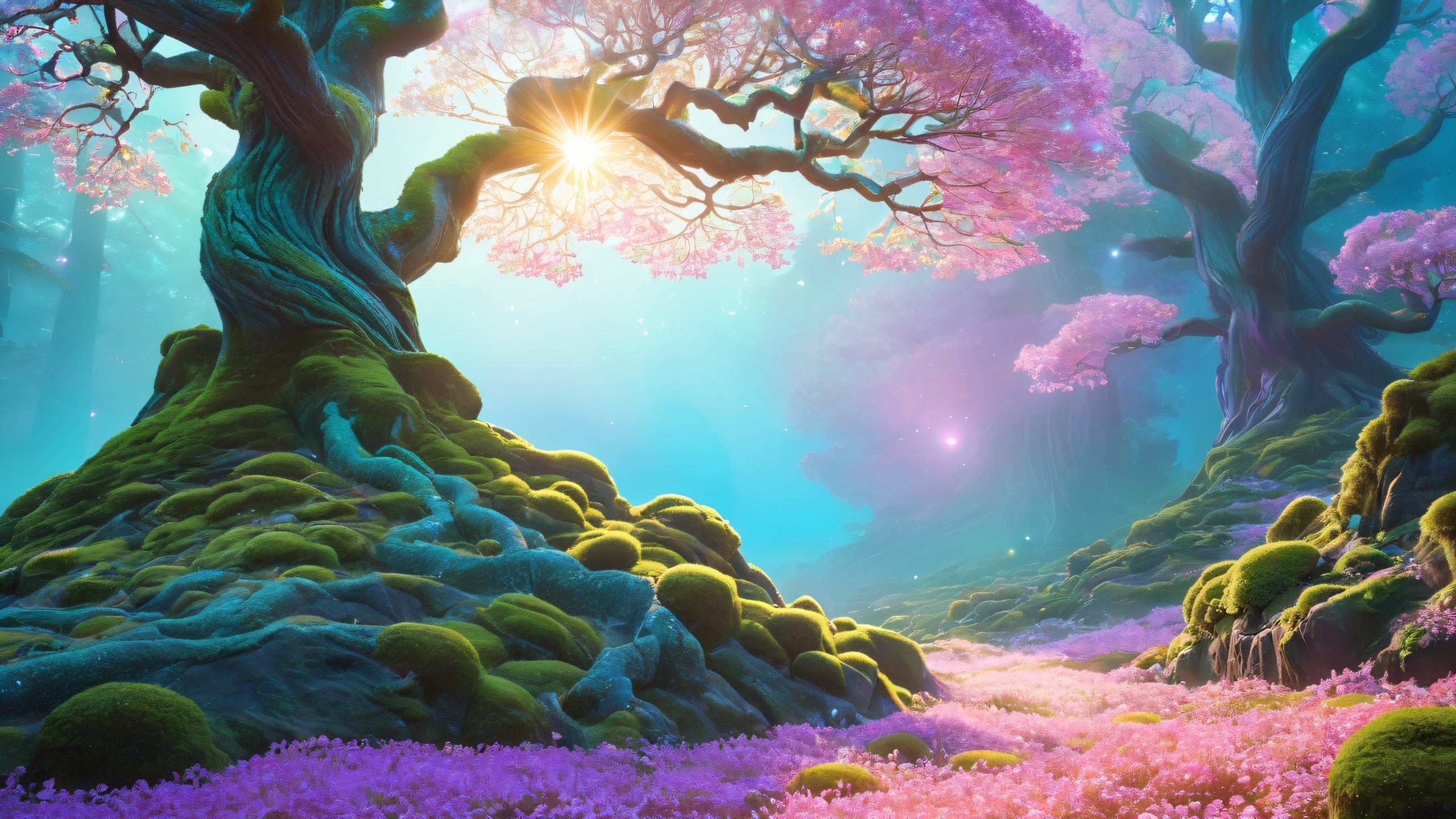 A mystical ancient tree on a desktop/pc, with glowing orbs, misty forest floor, and weathered stone pillars