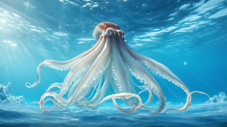 An underwater scene featuring a giant squid illuminated by ethereal glowing blue and white lights.