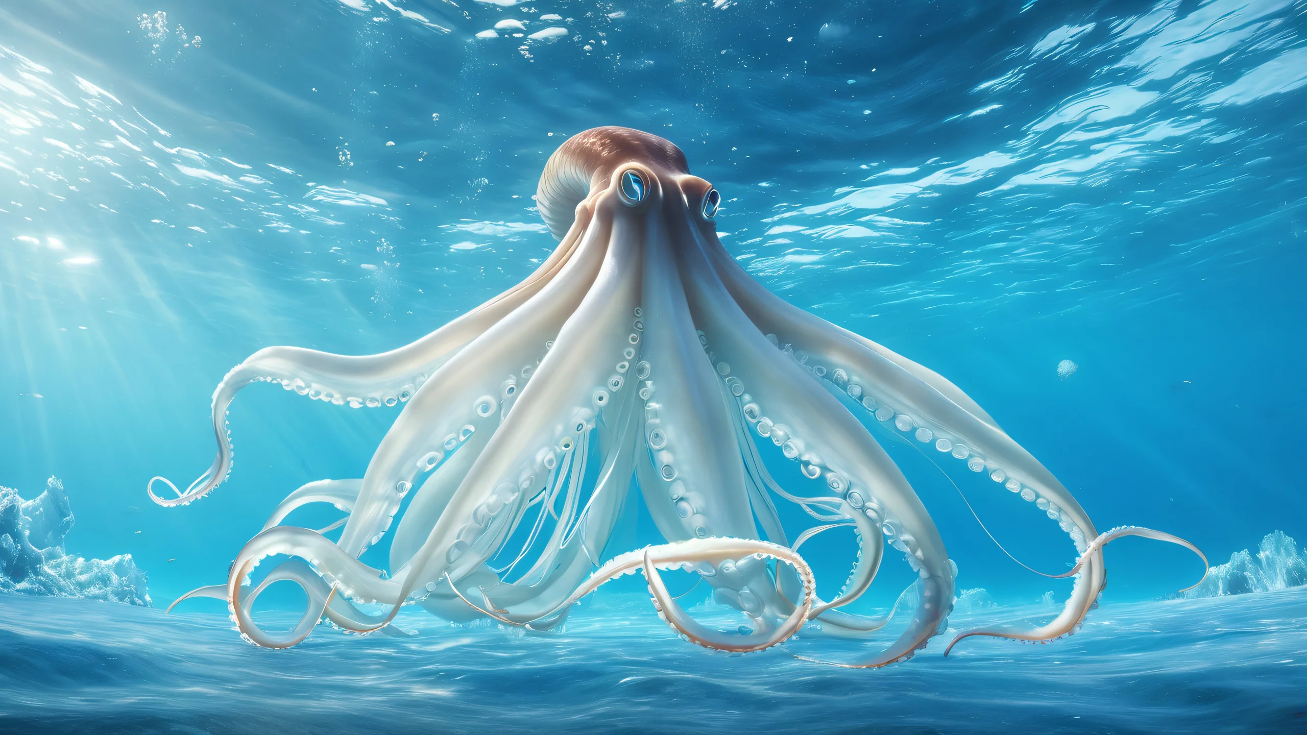 An underwater scene featuring a giant squid illuminated by ethereal glowing blue and white lights.