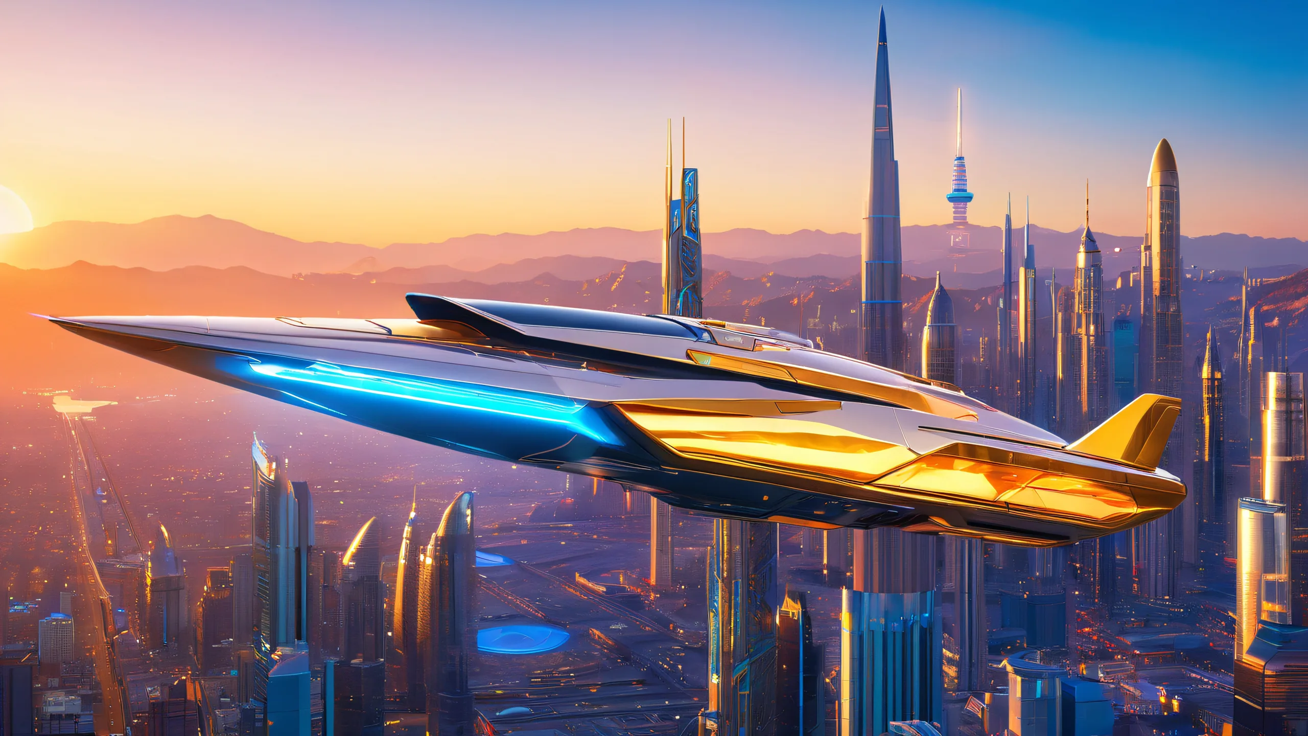 A futuristic starship with a glowing plasma trail hovers above a neon-lit cityscape at dusk, suitable for desktop/pc use.