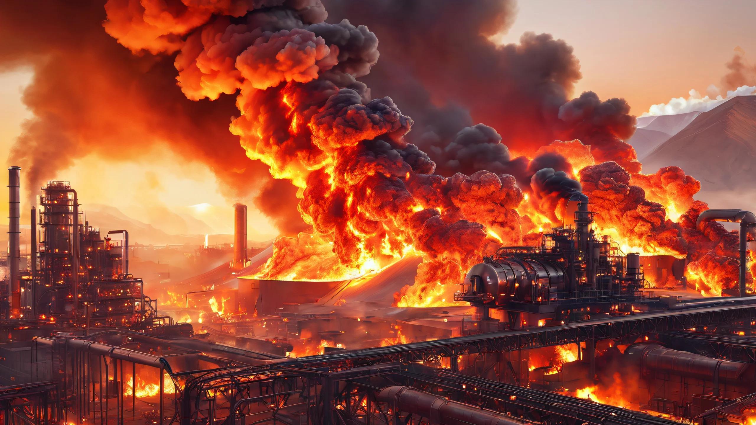 Epic Glowing Steam Factory 4K Desktop Wallpaper A steampunk-inspired illustration of a futuristic factory lit by glowing pipes and machinery against a metallic brown background.