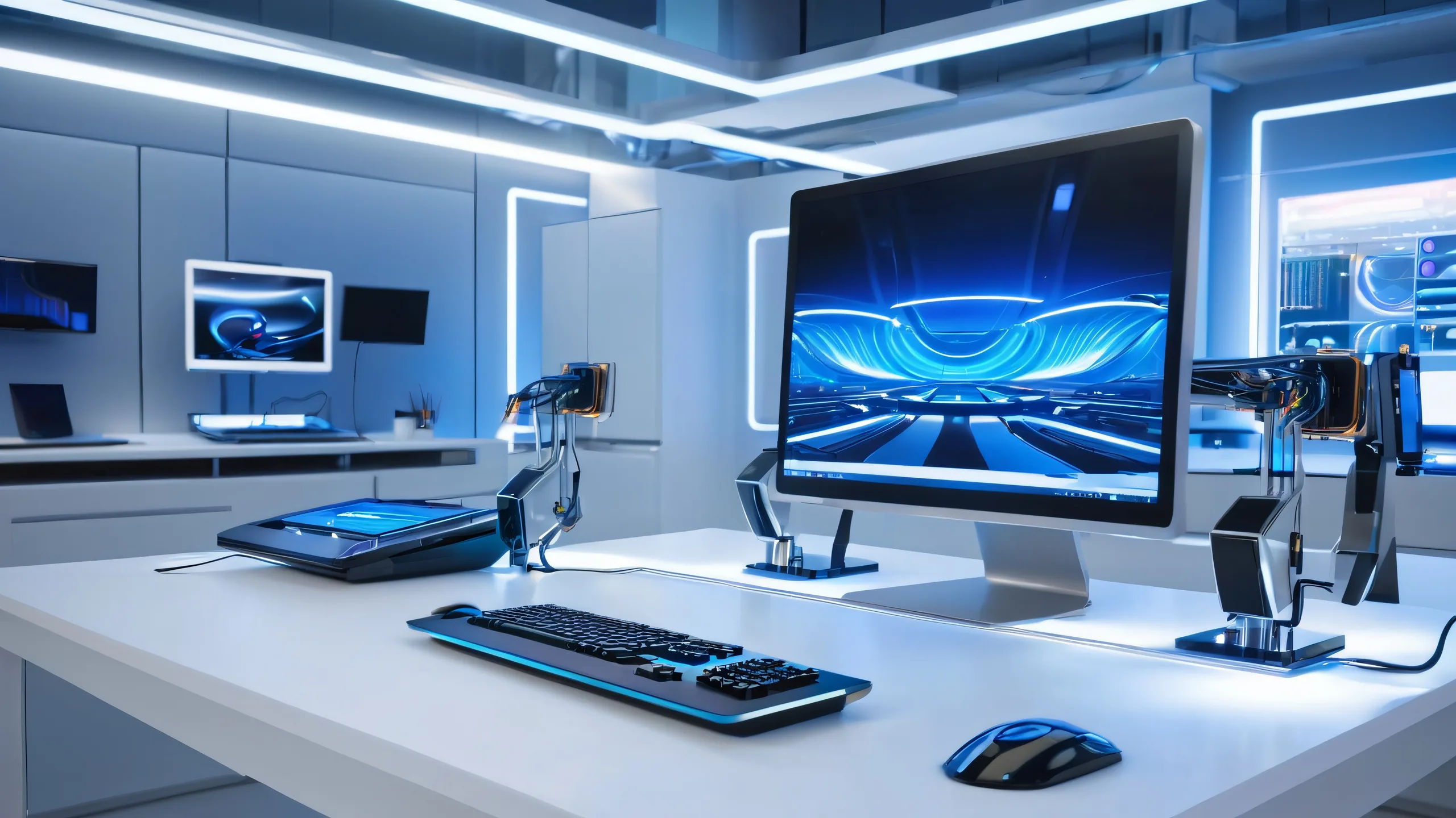 Futuristic workstation with laptop, screens, and gadgets on a metallic desktop/pc background.