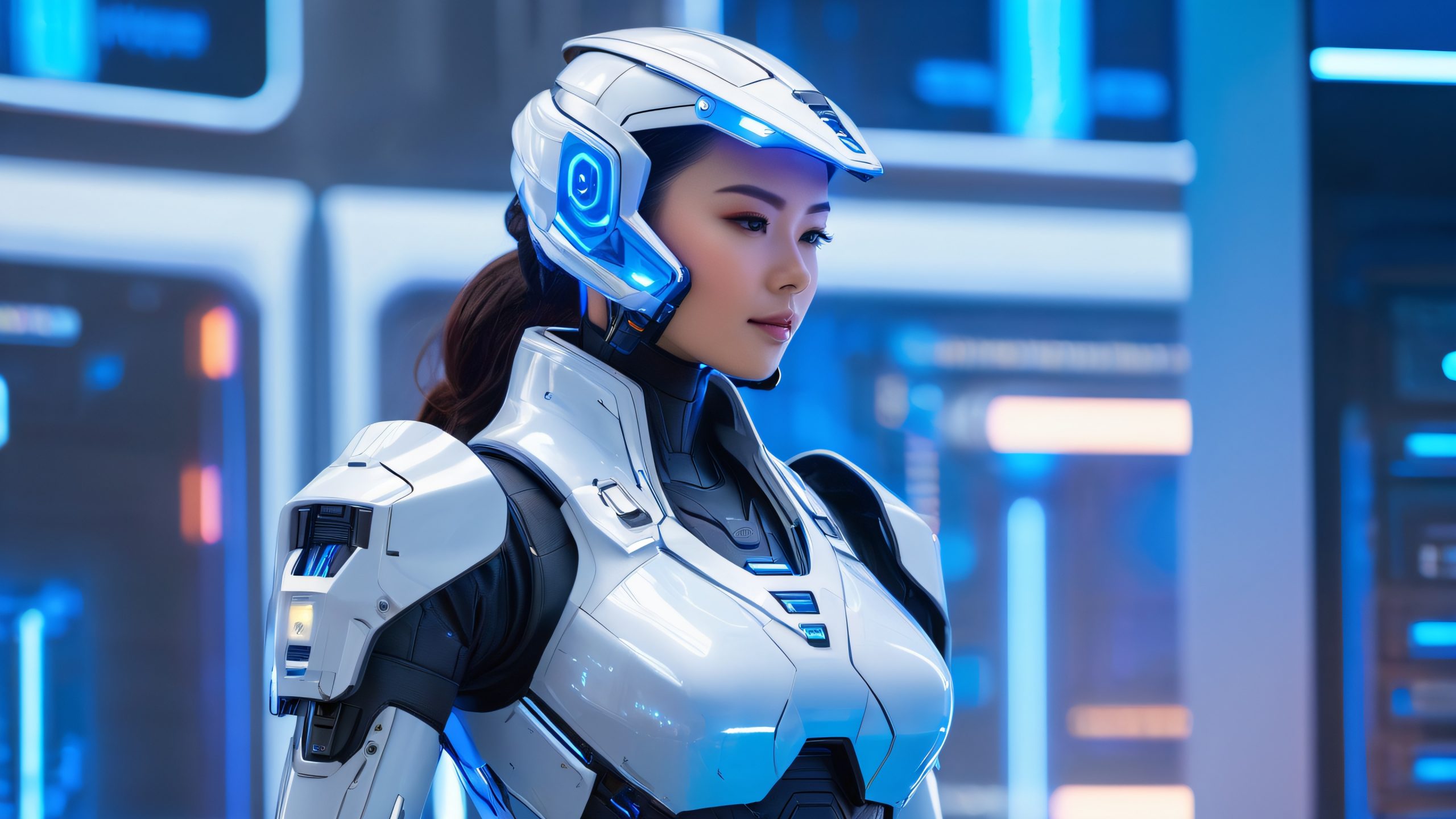 Glowing Tech Warrior's Lair 4K UHD Widescreen Futuristic warrior standing in a high-tech laboratory with glowing circuits and machinery, perfect for desktop/PC use.