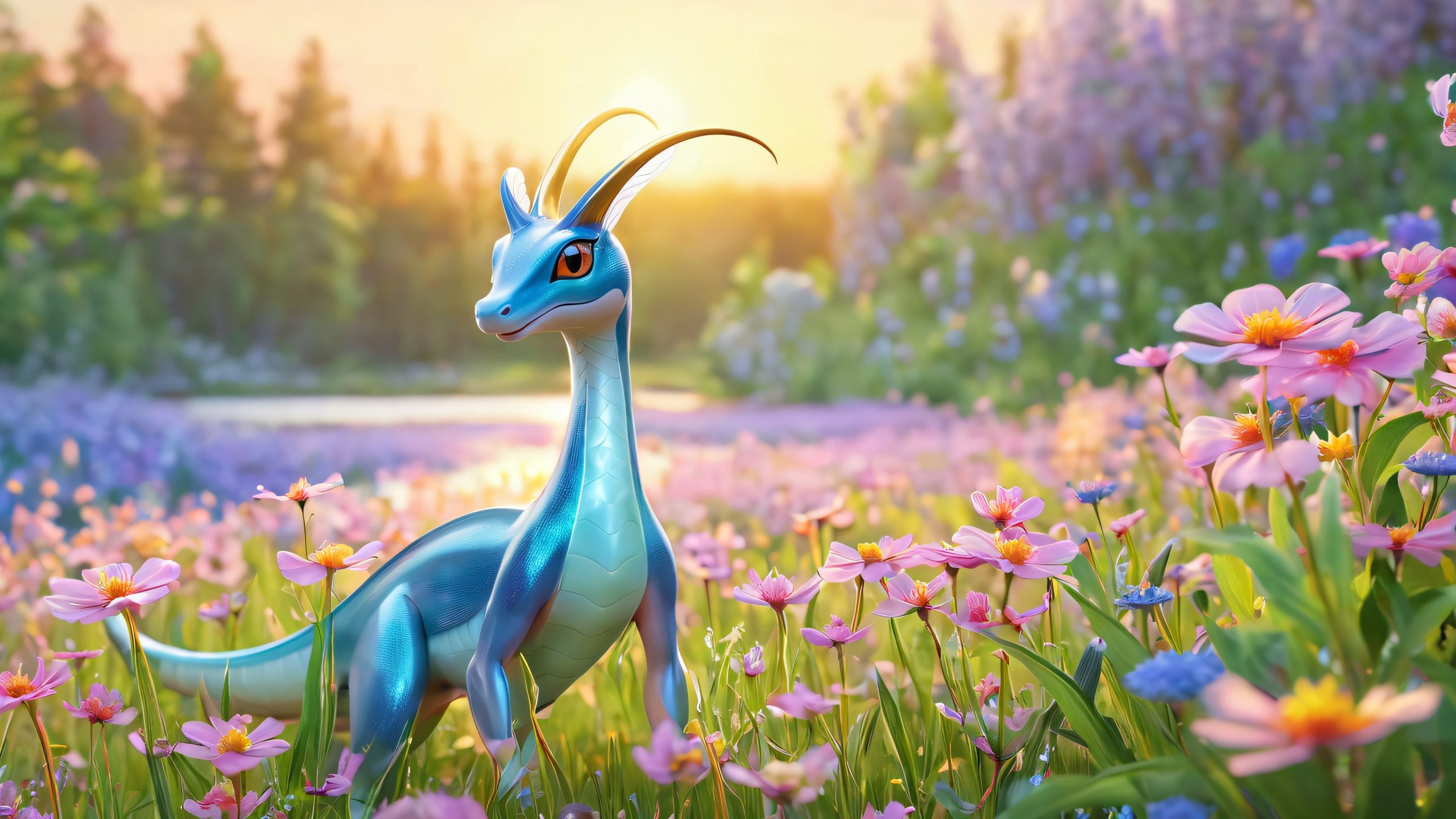 Aesthetic Glowing Wildflower Sanctuary Background Majestic Beta Kingdra standing in a lush meadow of iridescent wildflowers on a desktop/pc, for screen readers