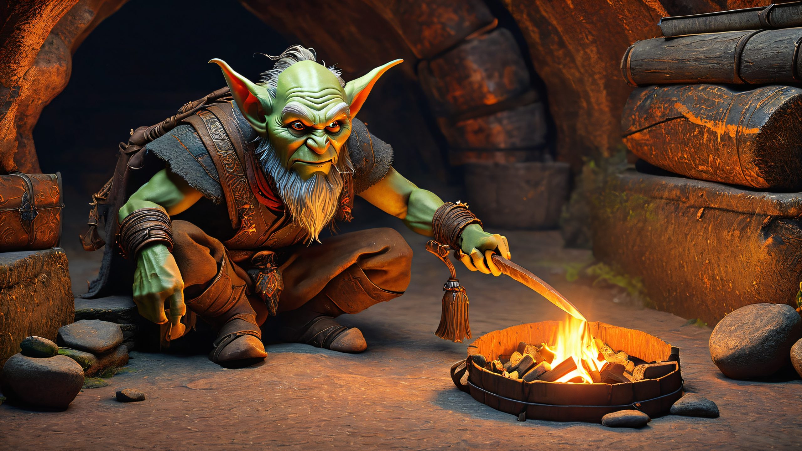 Goblin's Cursed Reliquary Aesthetic PC Wallpaper A gruesome goblin holding a femur dagger amidst ancient tools and books on a dimly lit cave desktop.