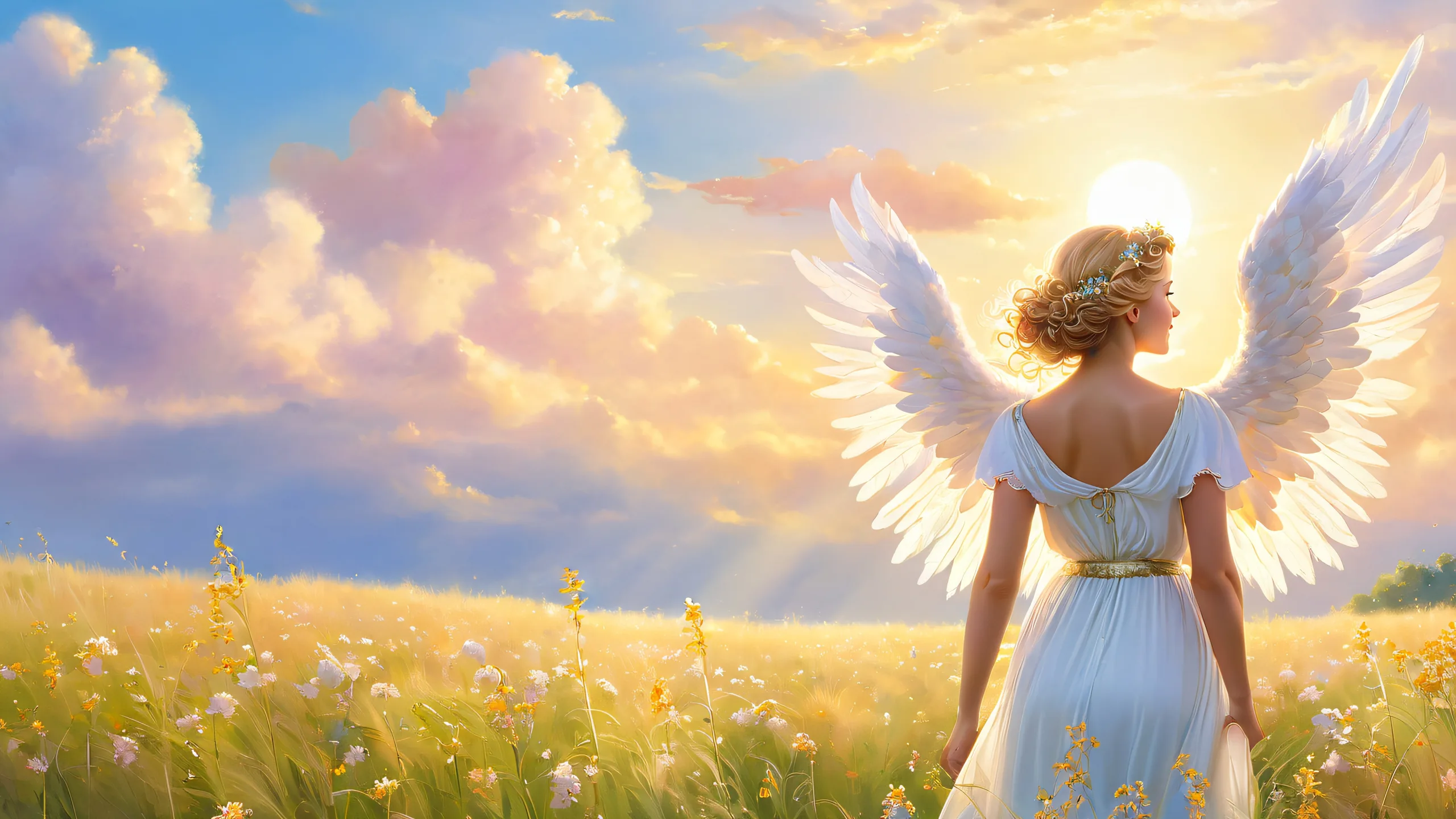 4K Golden Angel's Serene Oasis Wallpaper for PC/Mac A delicate angel surrounded by a dreamy meadow with wildflowers and fluffy clouds on a brilliant blue sky for desktop/pc