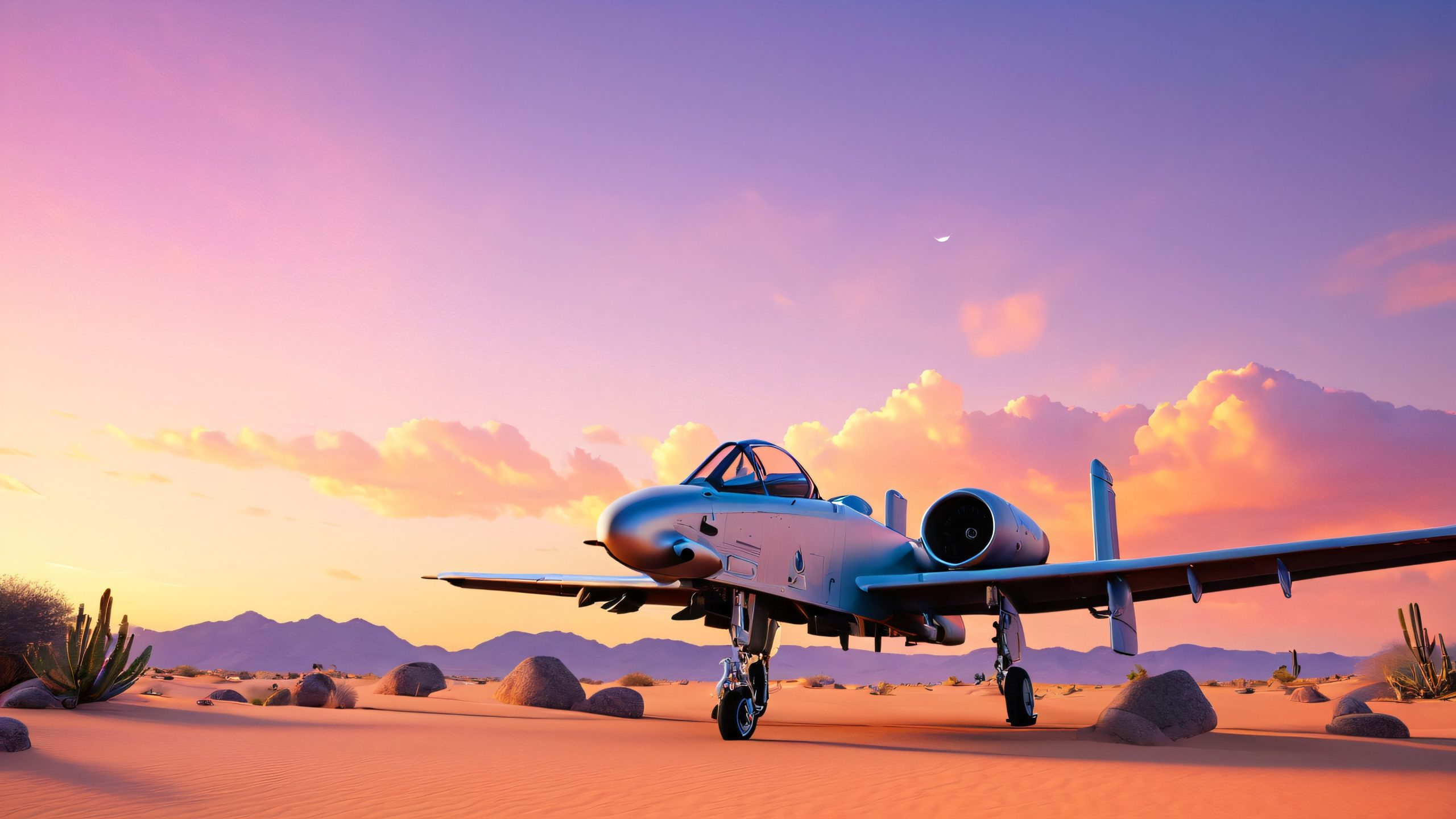 A majestic A-10 Thunderbolt II aircraft blends with the desert landscape at sunset, against a warm golden glow. Suitable for desktop use.