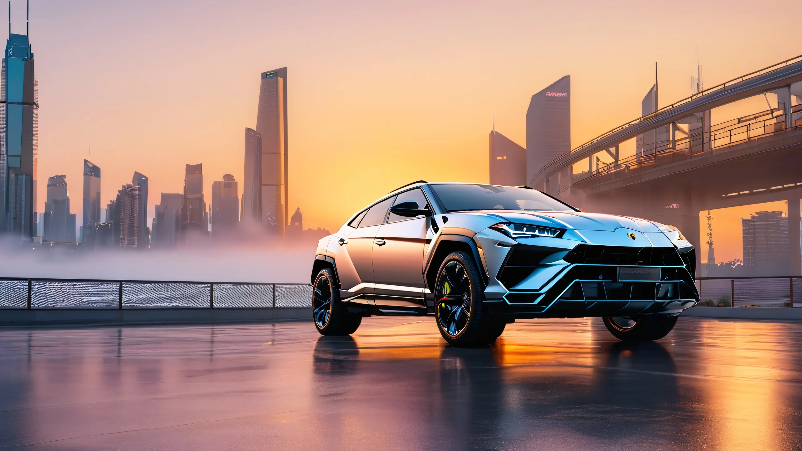 A sleek SUV emerging from the shadows of a metropolitan skyscraper against a sunset-lit cityscape with neon lights and misty fog.