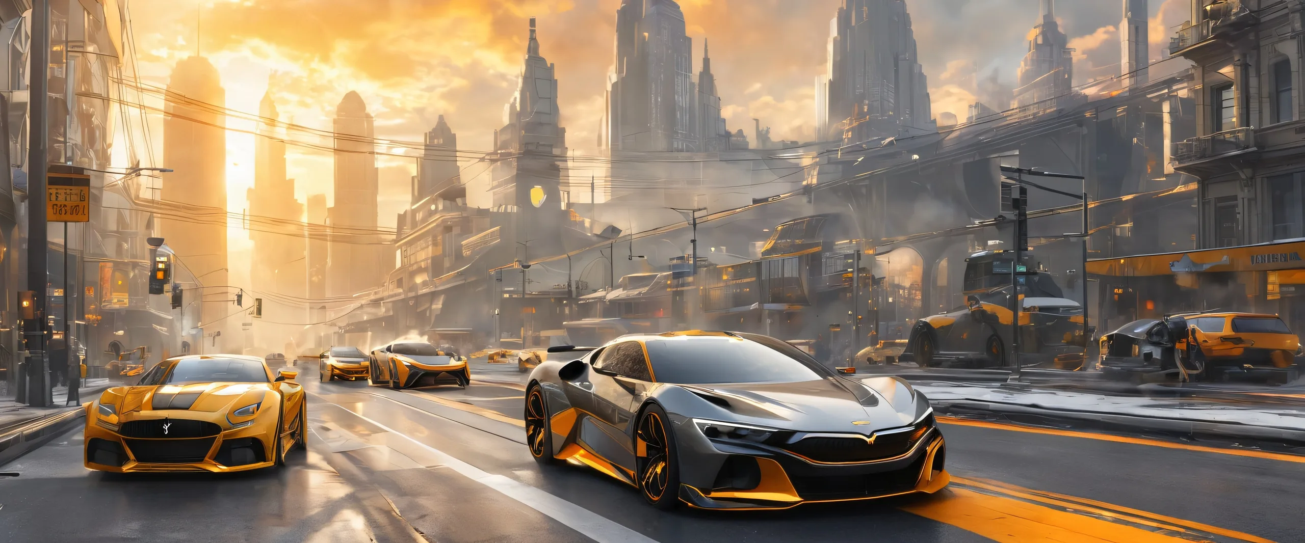 A futuristic cityscape on a dark gray/black background with golden yellow/orange accents. Suitable for desktop/PC use.