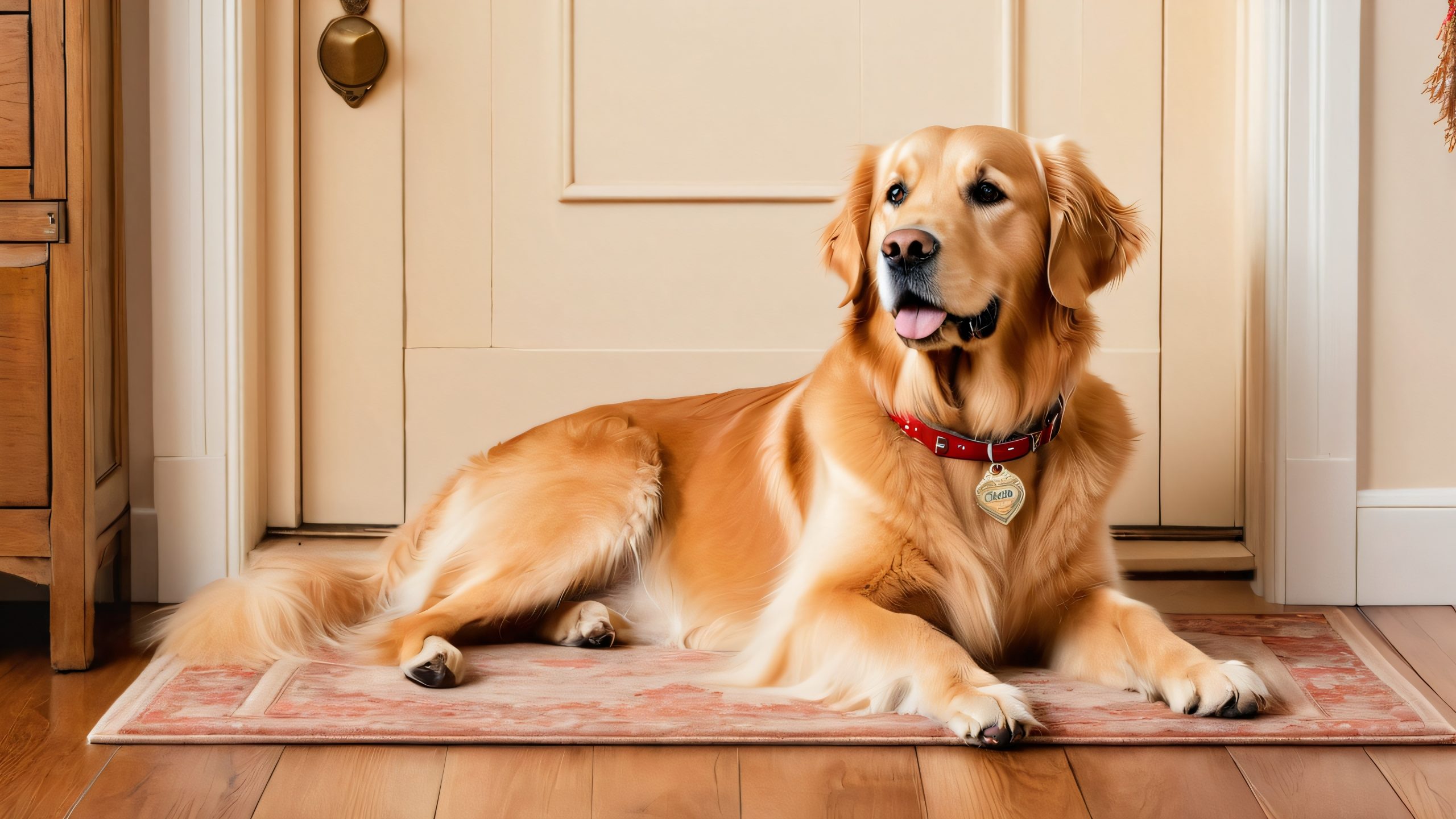 Golden Companion's Cozy Sanctuary 4K UHD Wallpaper A golden retriever sits in front of a wooden door with the words'Home' and a keyhole, set against a warm living room backdrop with plush furniture, toys, and a rug.