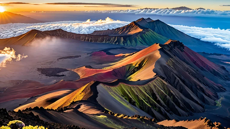 A majestic crater landscape with volcanic rock formations and wispy clouds for a desktop or PC.