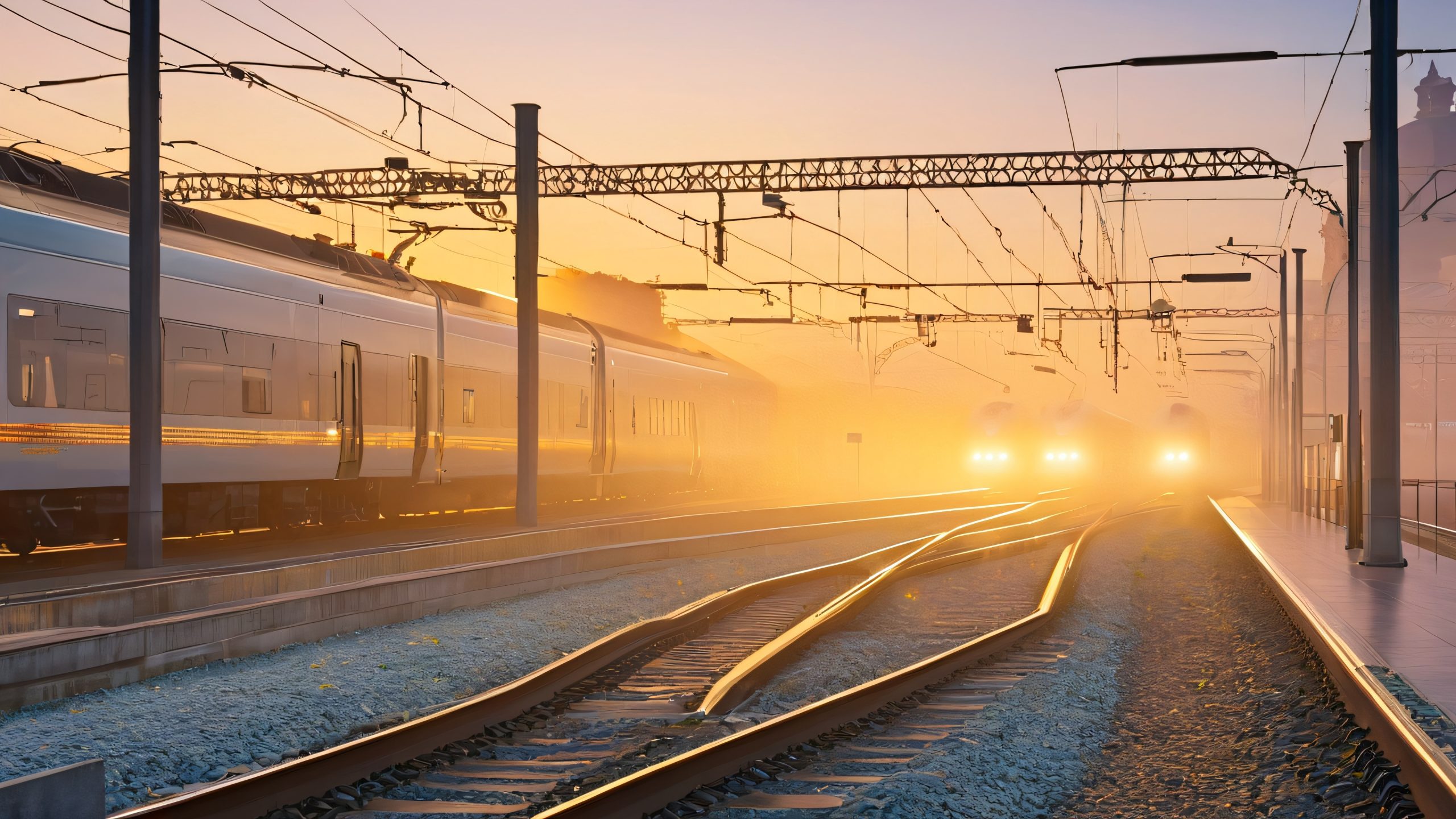 Image of a sleek train emerging from misty fog on a pre-dawn cityscape with bustling Livorno Centrale station in the background, for desktop/PC use