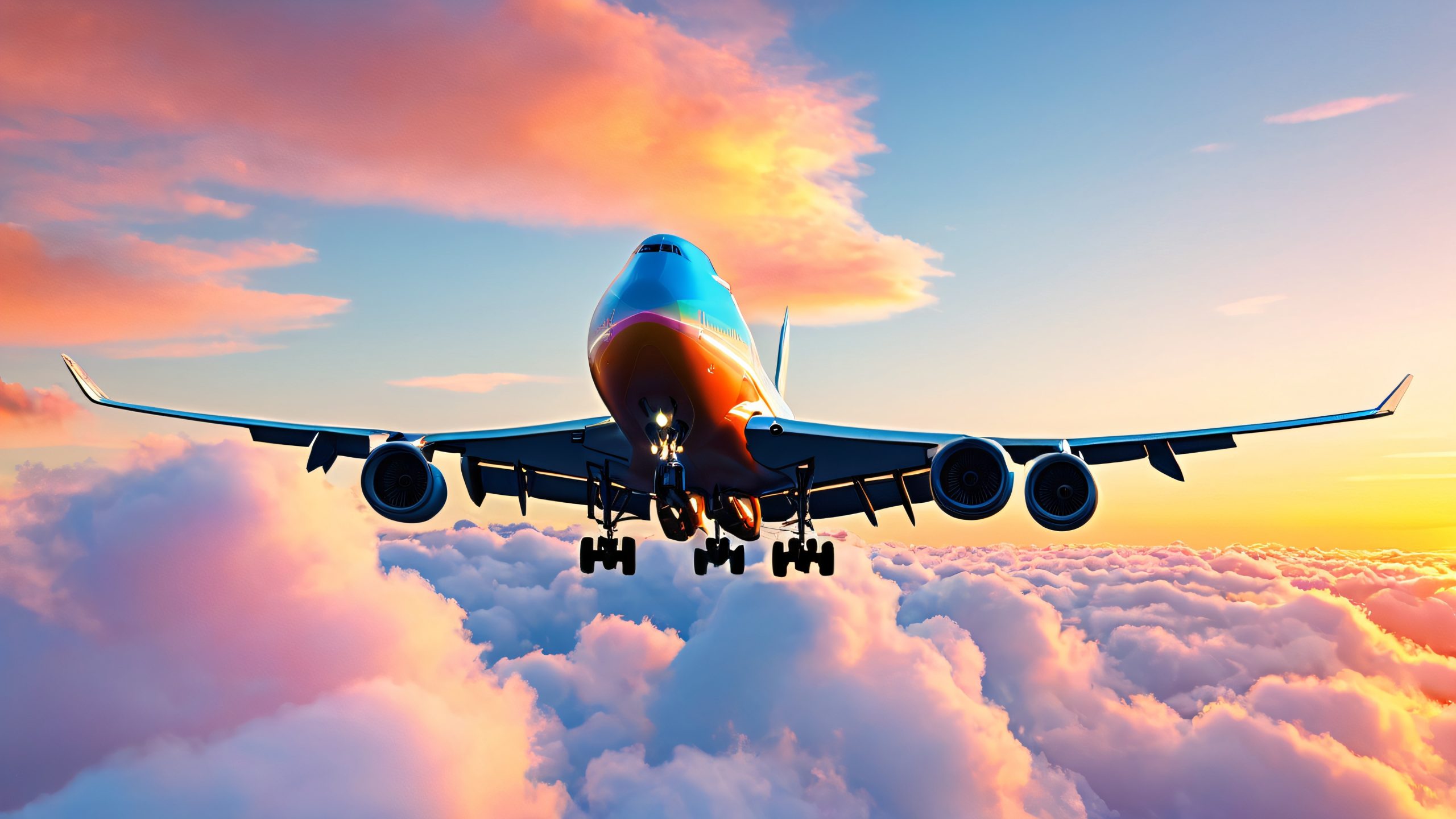 A majestic Boeing 747-8F cargo plane soaring through the cerulean blue sky with golden light and pink orange clouds below, suitable for desktop/pc.