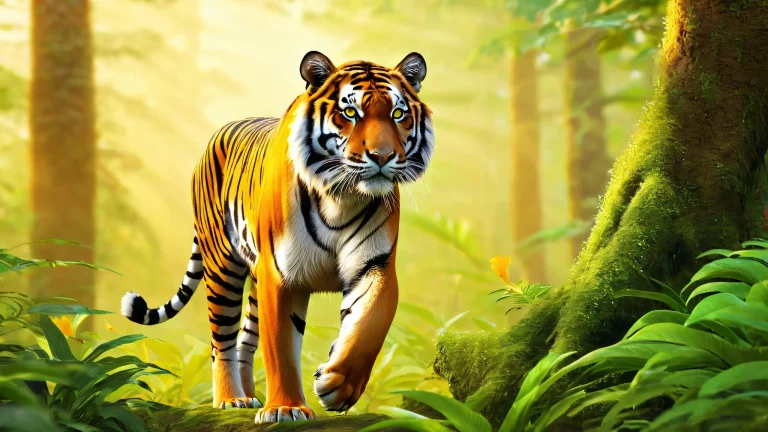 A majestic Royal Bengal Tiger emerges from the misty forest floor, surrounded by dense jungle and exotic birdsong, pour une utilisation de bureau/PC.