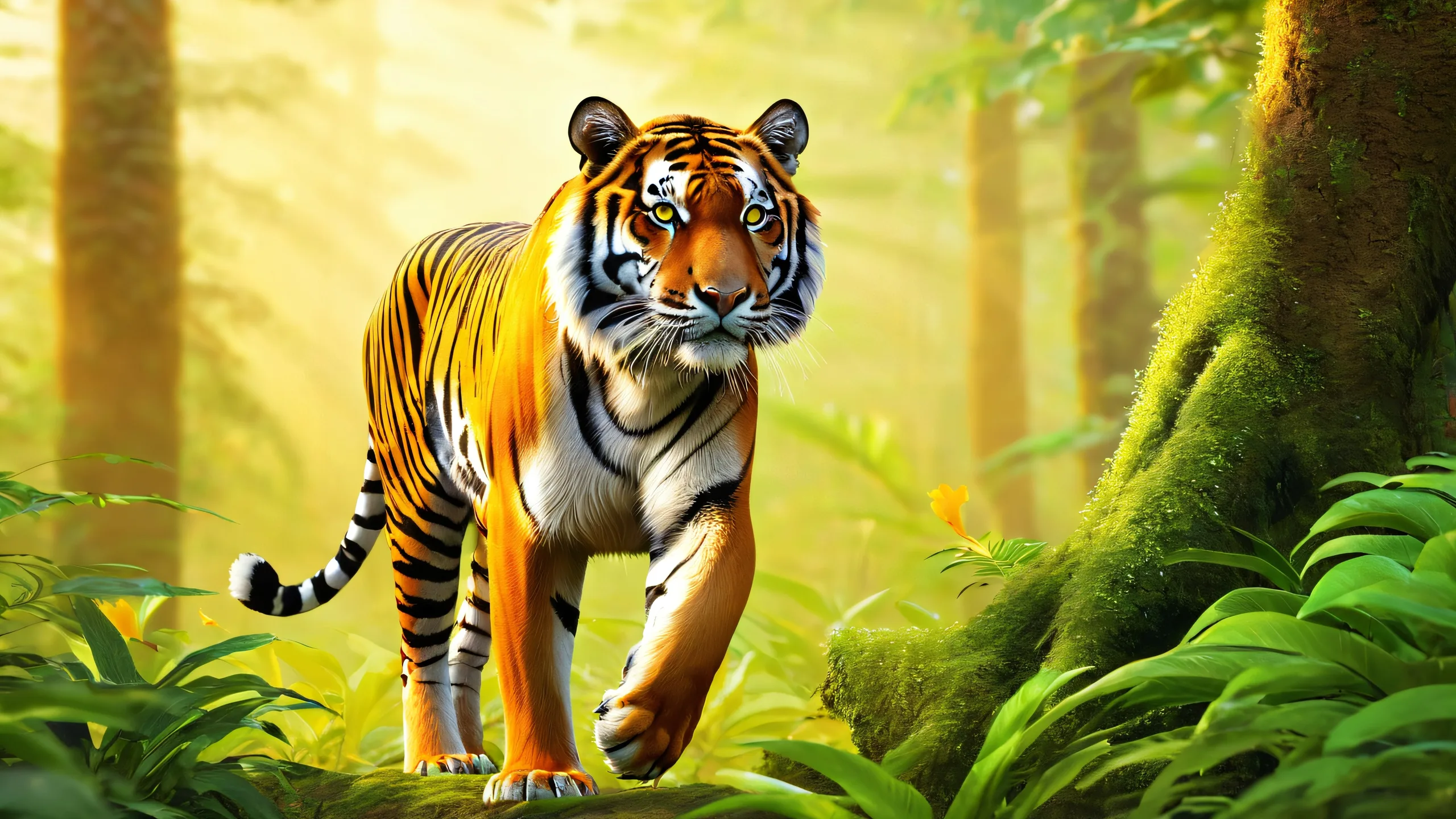 Stunning Golden Dawn Tiger Encounter 4K Wallpaperデスクトップ/PC用 A majestic Royal Bengal Tiger emerges from the misty forest floor, surrounded by dense jungle and exotic birdsong, for desktop/pc use.