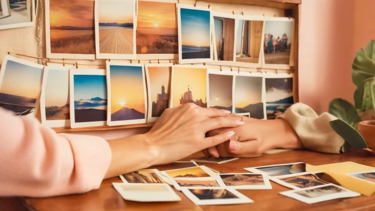 A person's eyes light up with understanding and excitement on a cozy desktop setup surrounded by Polaroid photos and forgotten cameras, PCやラップトップに最適.