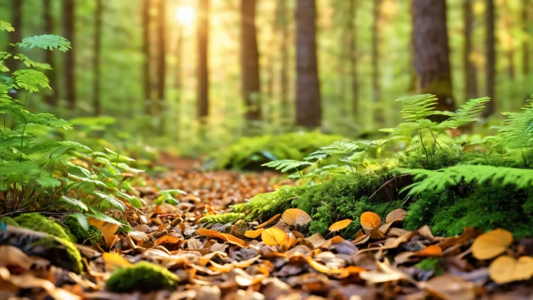 A serene and peaceful woodland scene with a soft golden light illuminating the forest floor