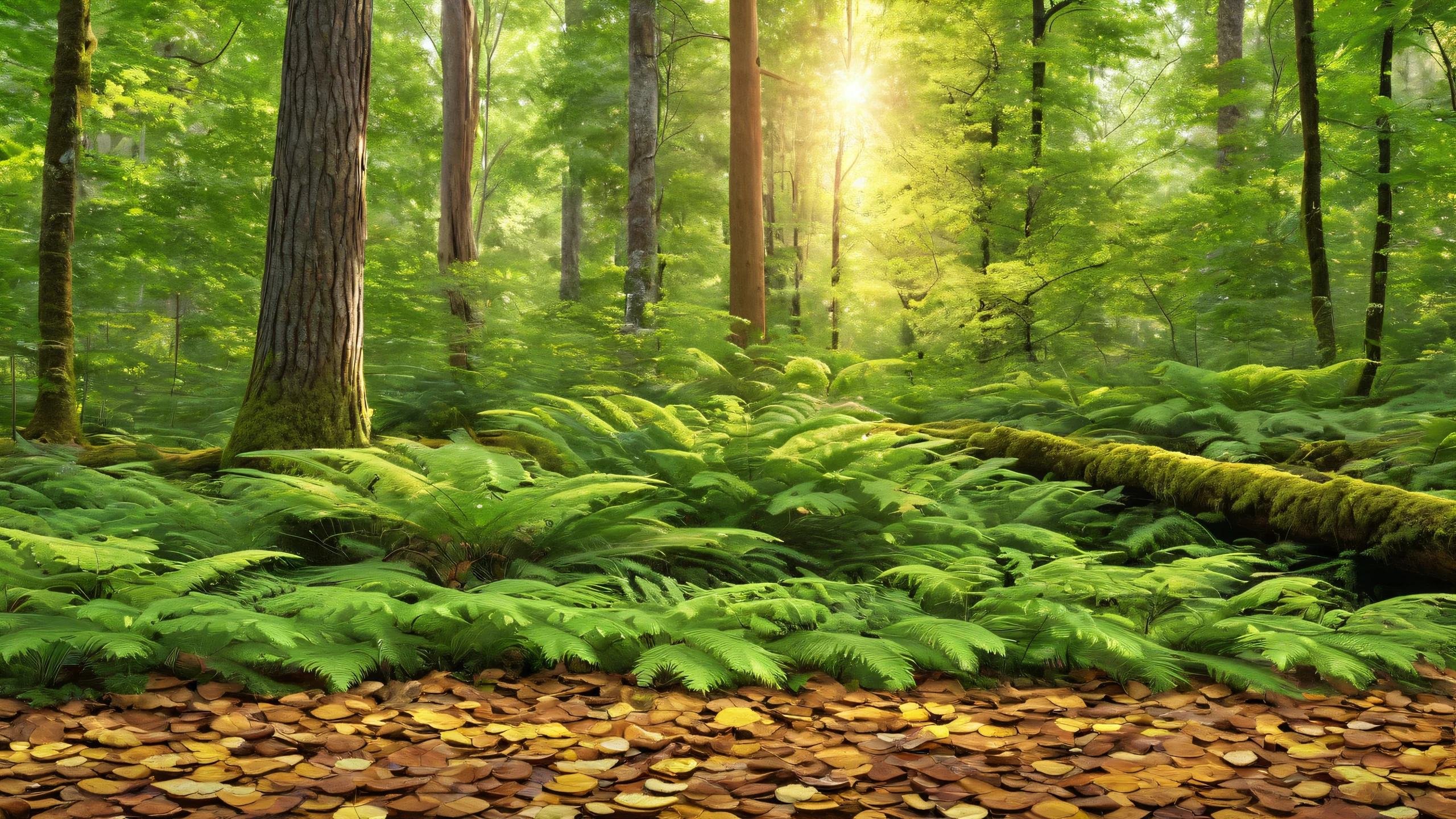 Epic Golden Forest Glade 4K Desktop Wallpaper A serene and vibrant depiction of a shaded old-growth woodland, featuring soft golden light filtering through the canopy.