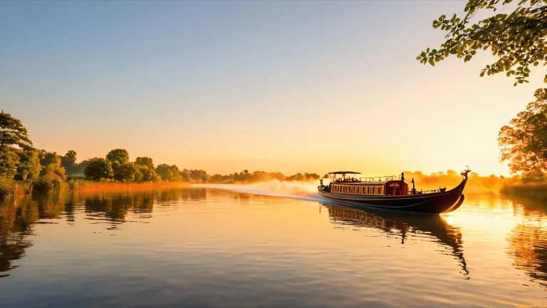 A majestic long-tailed boat on a misty, moonlit canal with ancient trees and water lilies. Desktop/PC.