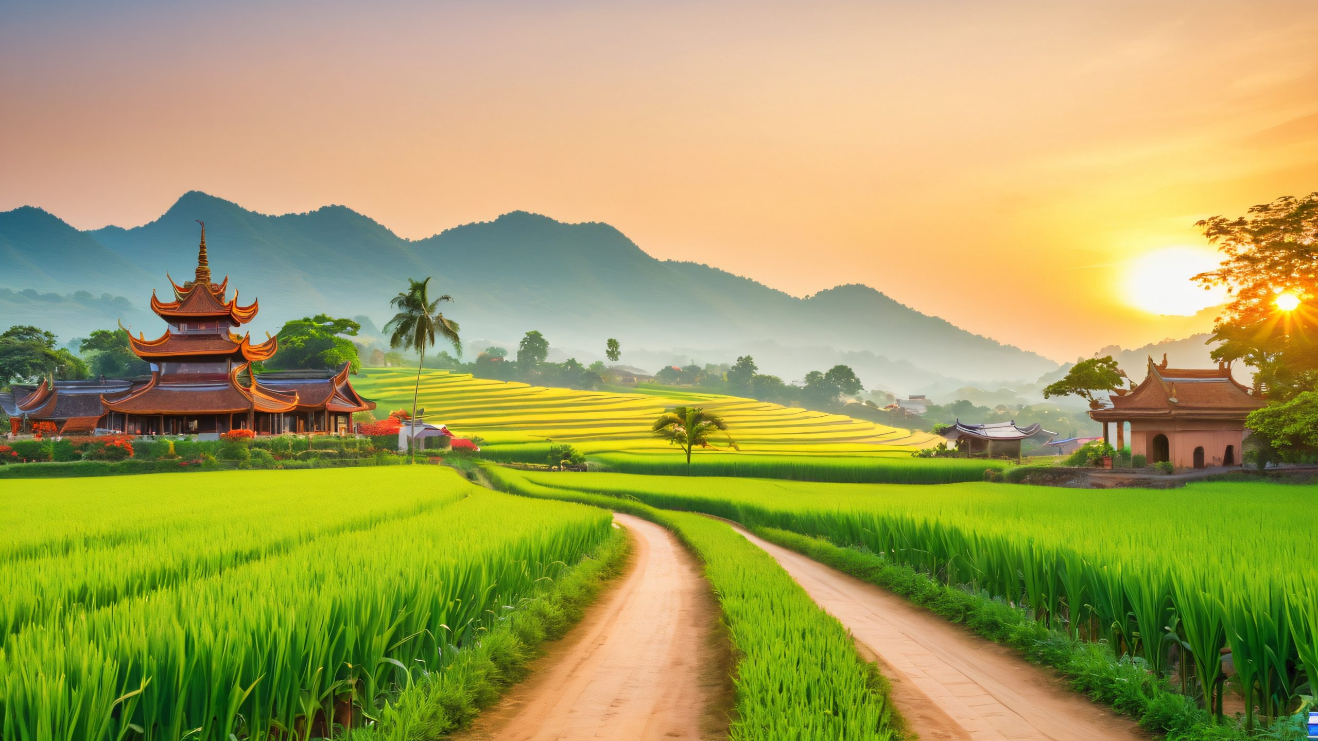 Golden Glow Village Aesthetic PC Wallpaper A serene countryside village in Hanoi, Vietnam with lush green rice fields and a ancient temple, perfect for desktop/pc.