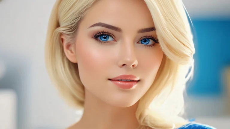 Indoor fantasy scene featuring a blonde woman in a blue dress, surrounded by soft lighting and intricate details.