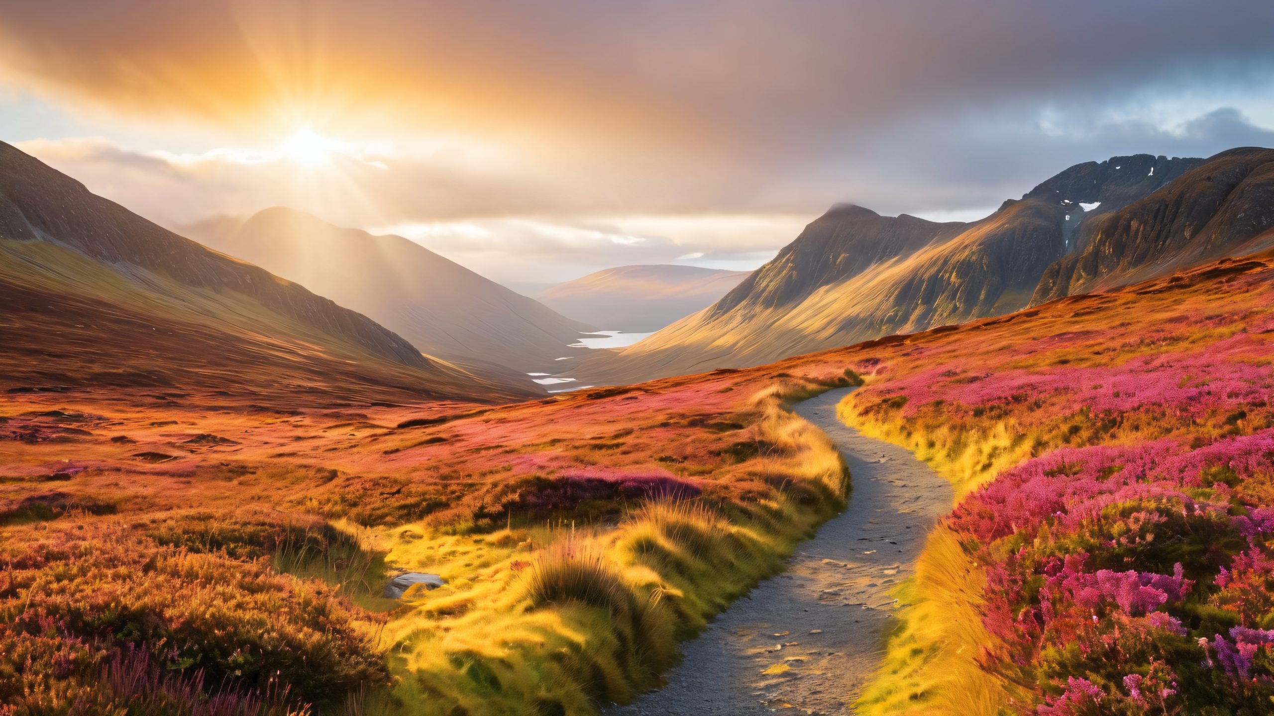 A serene Scottish Highland landscape for your Desktop/PC, featuring a majestic mountain range, winding hiking trail, and vibrant heather.