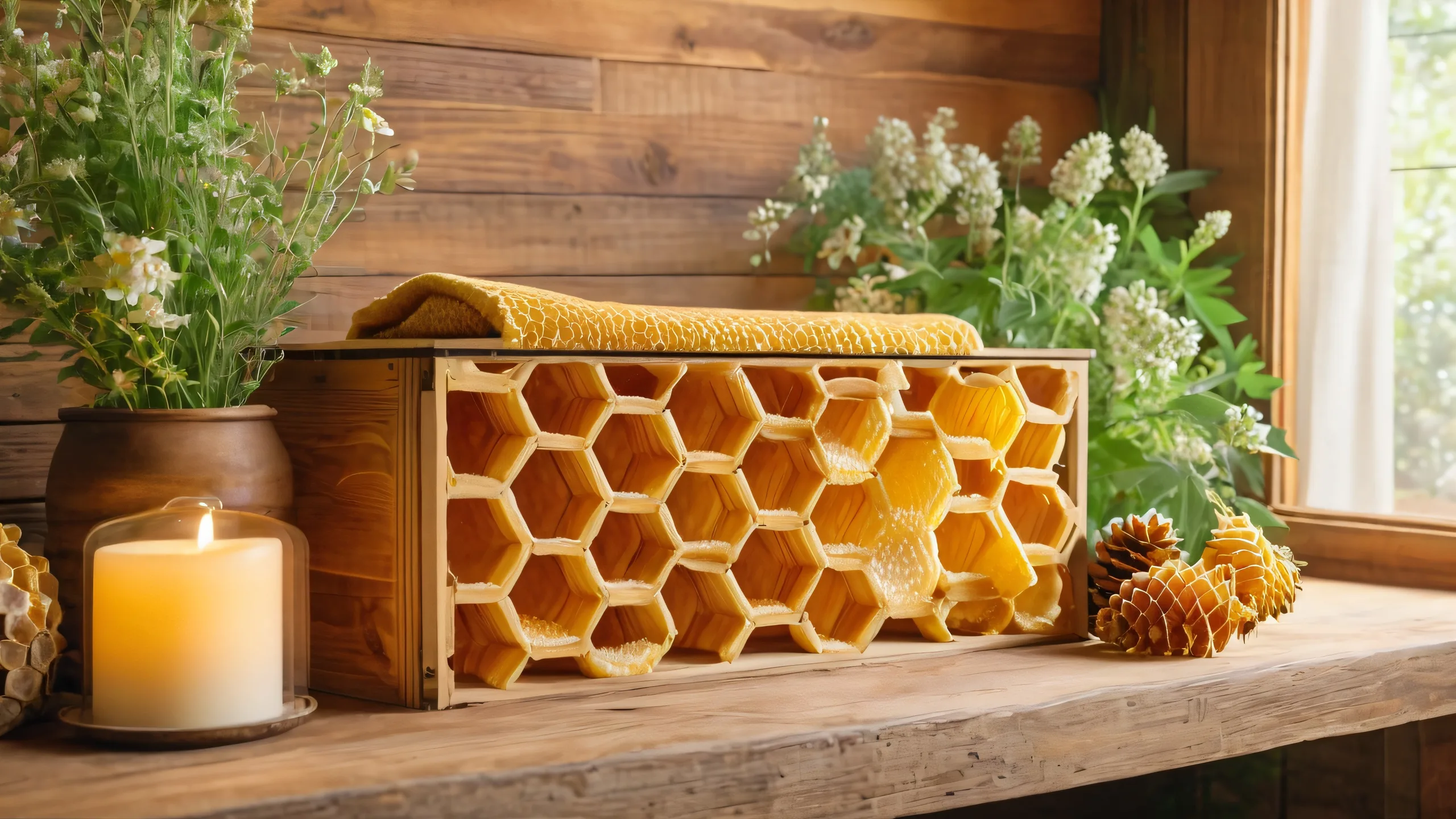Ultra HD Golden Honeycomb Haven Wallpaper A vintage wooden honeycomb container filled with golden honeycombs, surrounded by lush greenery and wildflowers, cozy rustic cottage interior with exposed wooden beams and a crackling fireplace. Desktop/PC.