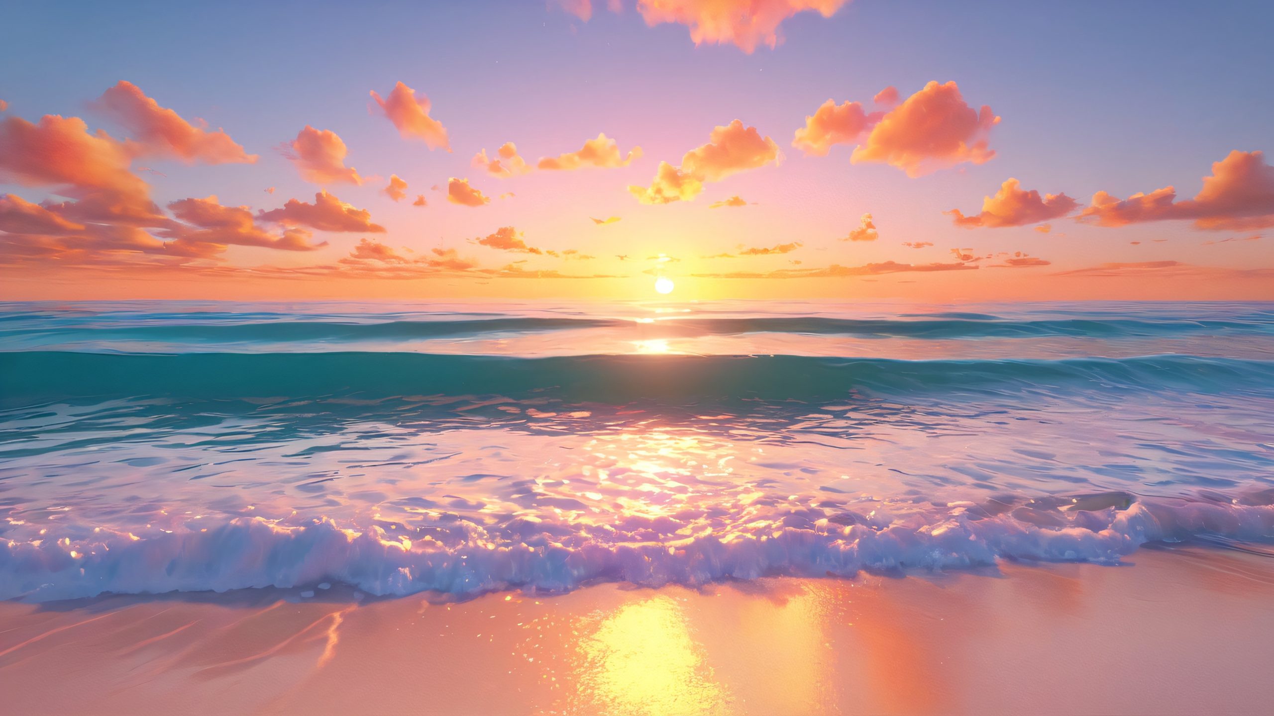 4K Golden Horizon Sunset Desktop Background Majestic orange-red sun sets over tranquil ocean, casting warm glow on gentle waves and palm trees.